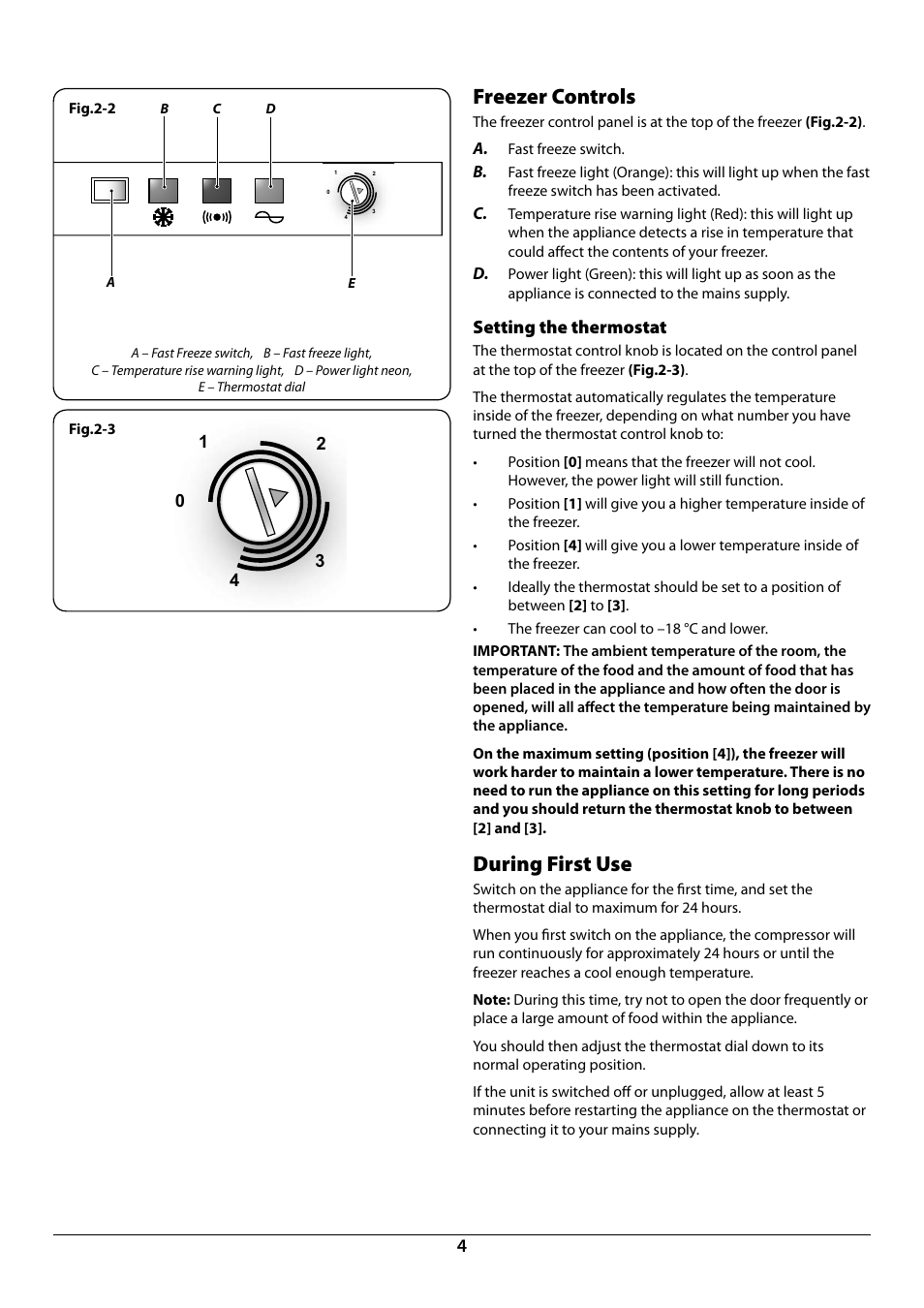 Freezer controls, During first use, Setting the thermostat | Rangemaster U110120 - 01A User Manual | Page 6 / 20
