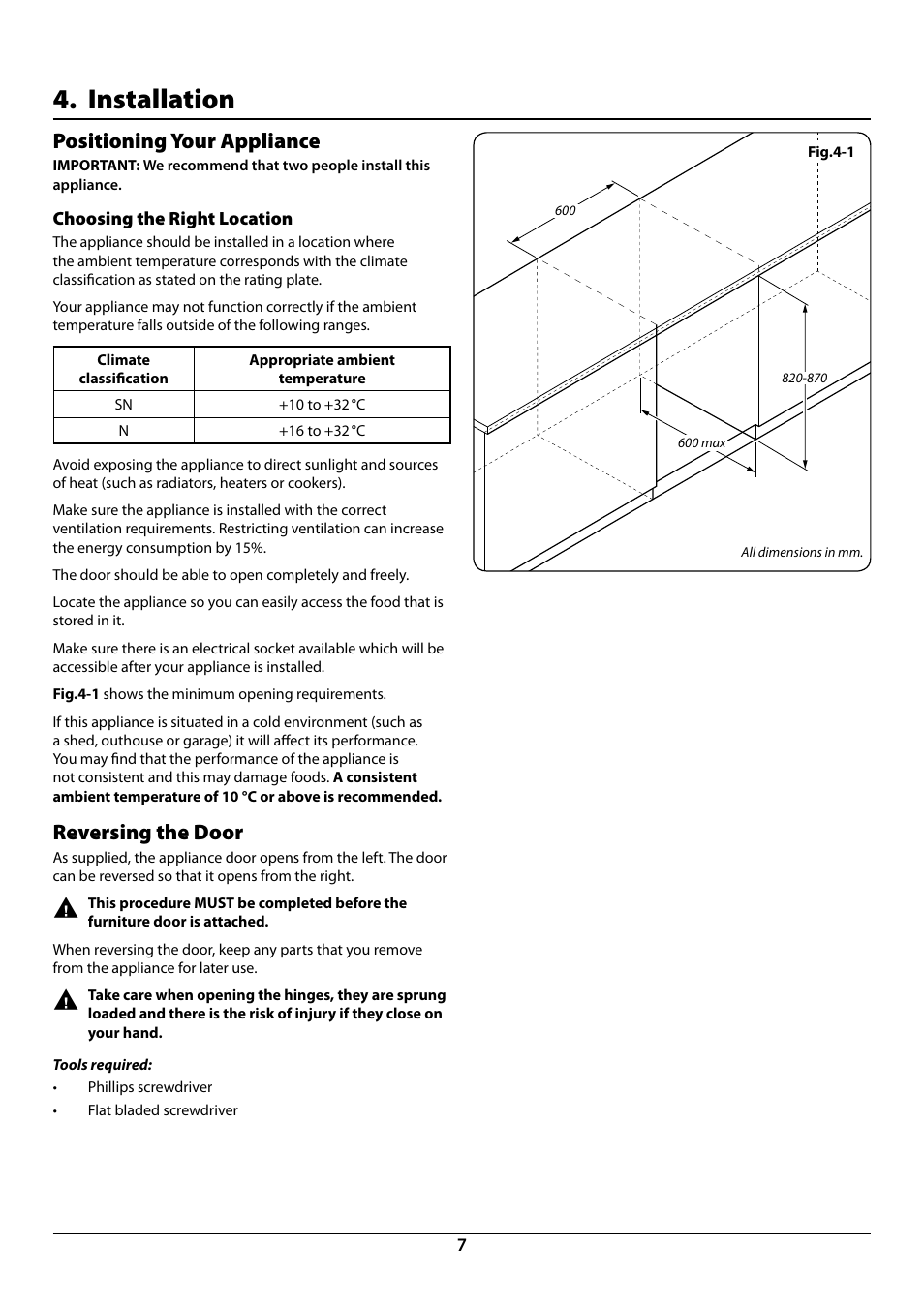 Installation, Positioning your appliance, Reversing the door | Rangemaster U110120 - 01A User Manual | Page 9 / 20
