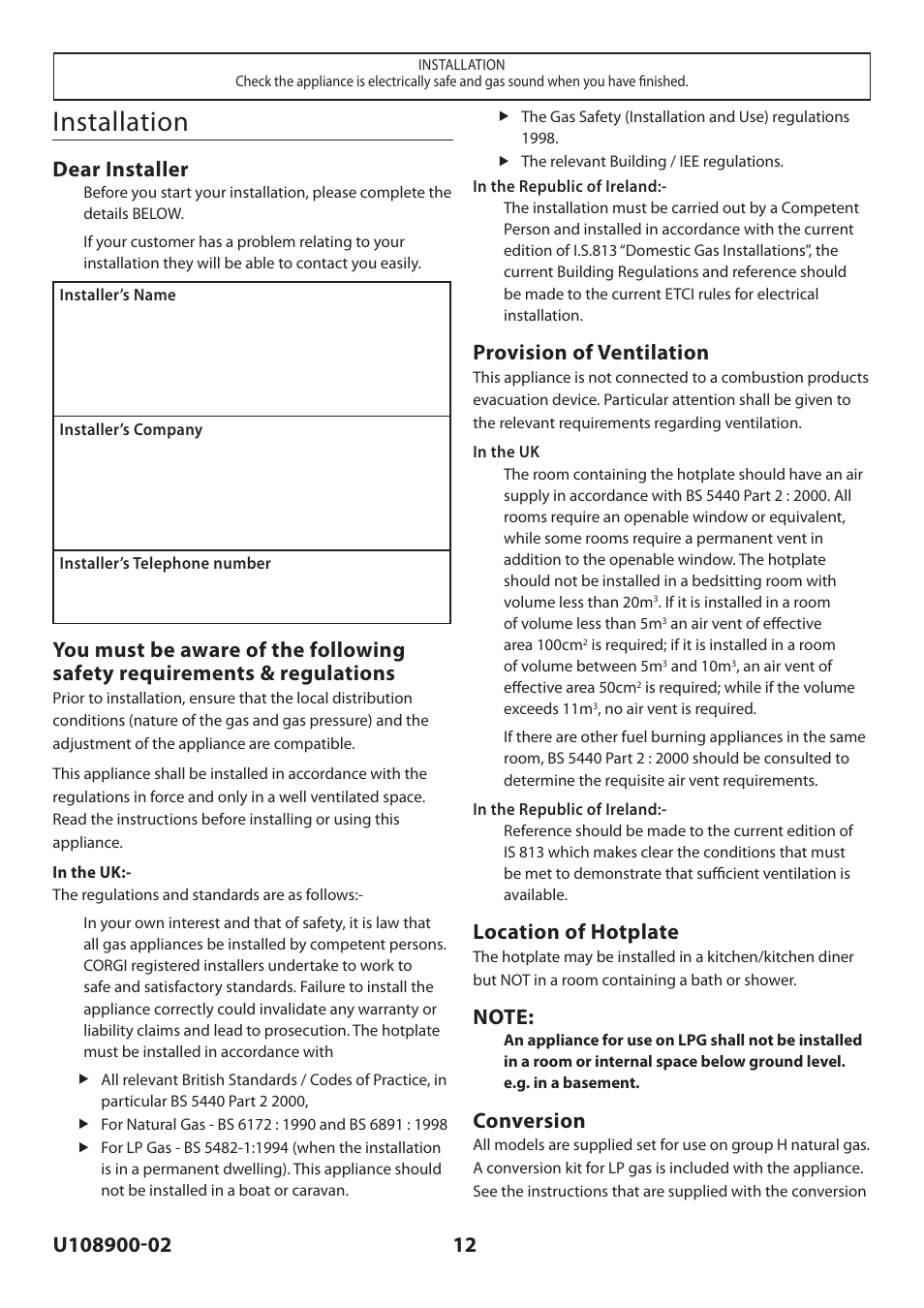 Installation, Dear installer, Provision of ventilation | Location of hotplate, Conversion | Rangemaster Toledo FS Hob User Manual | Page 12 / 24