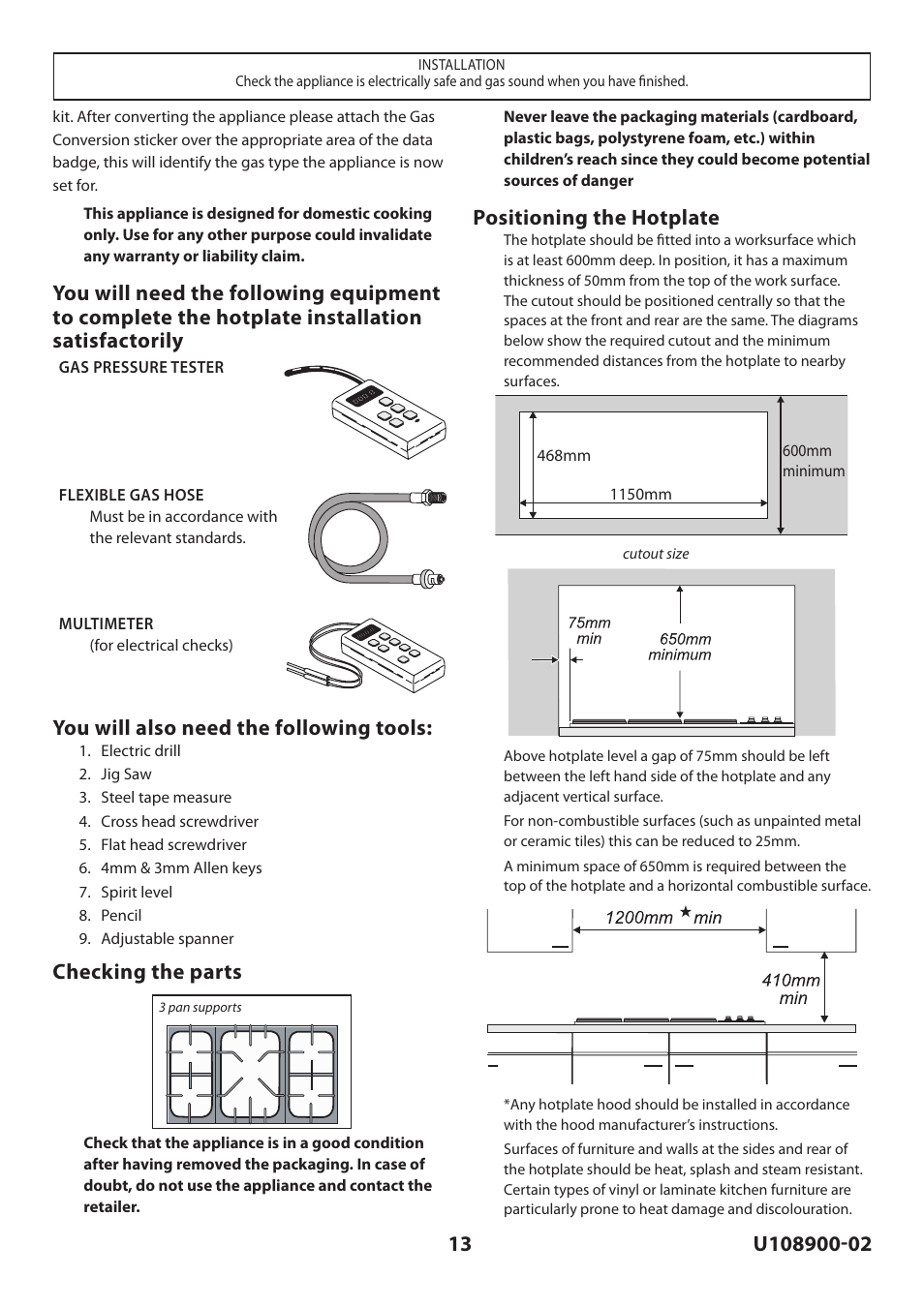 You will also need the following tools, Checking the parts, Positioning the hotplate | Rangemaster Toledo FS Hob User Manual | Page 13 / 24