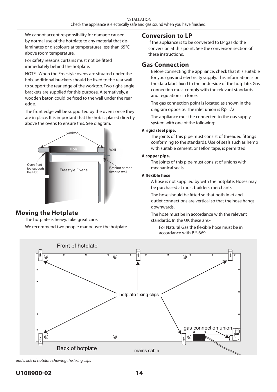 Moving the hotplate, Conversion to lp, Gas connection | Rangemaster Toledo FS Hob User Manual | Page 14 / 24