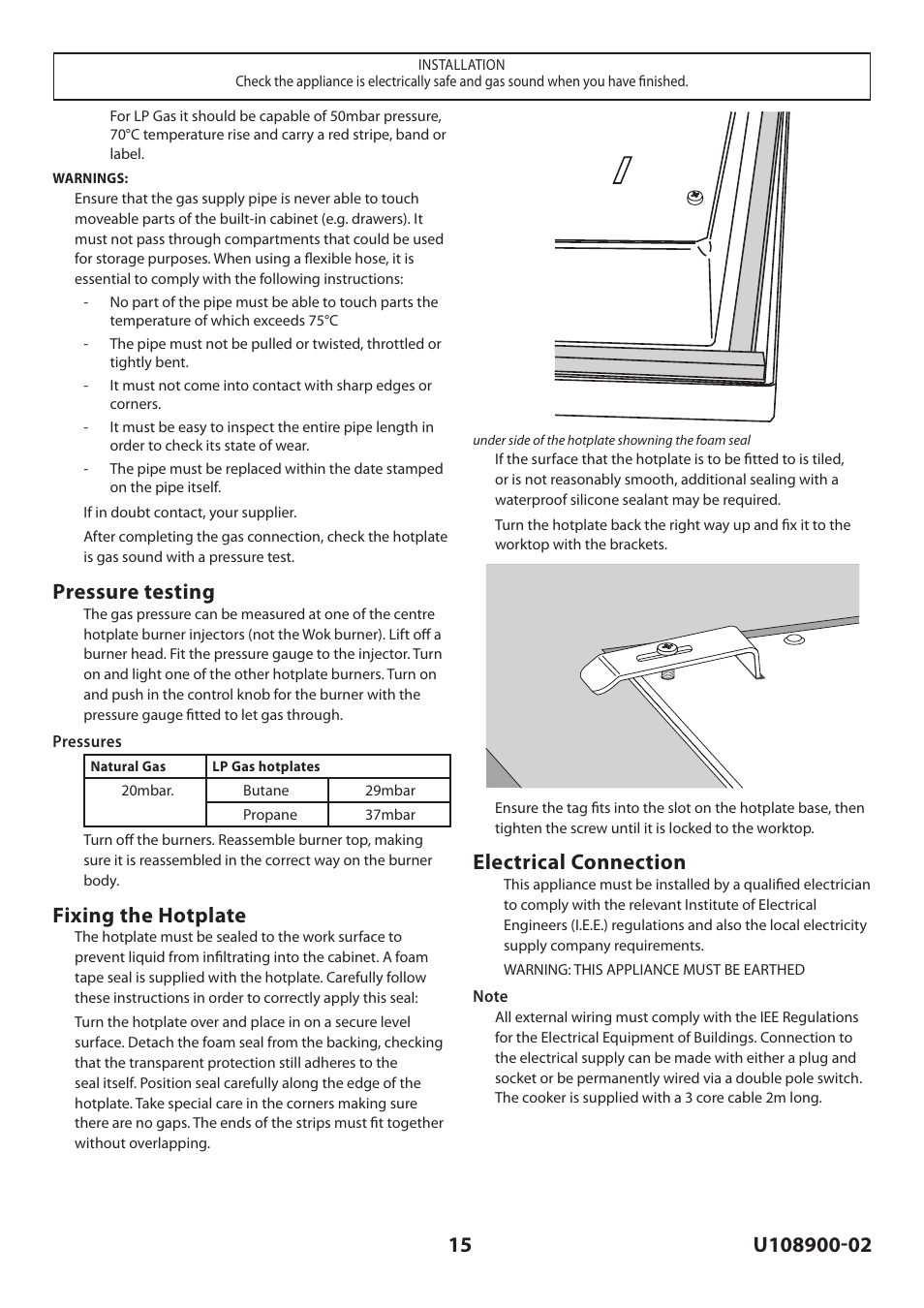 Pressure testing, Fixing the hotplate, Electrical connection | Rangemaster Toledo FS Hob User Manual | Page 15 / 24