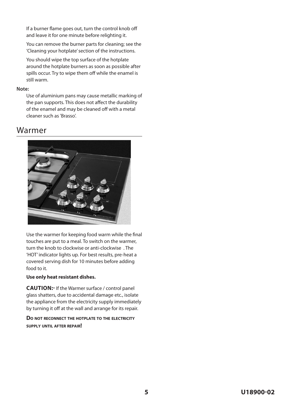 Warmer | Rangemaster Toledo FS Hob User Manual | Page 5 / 24