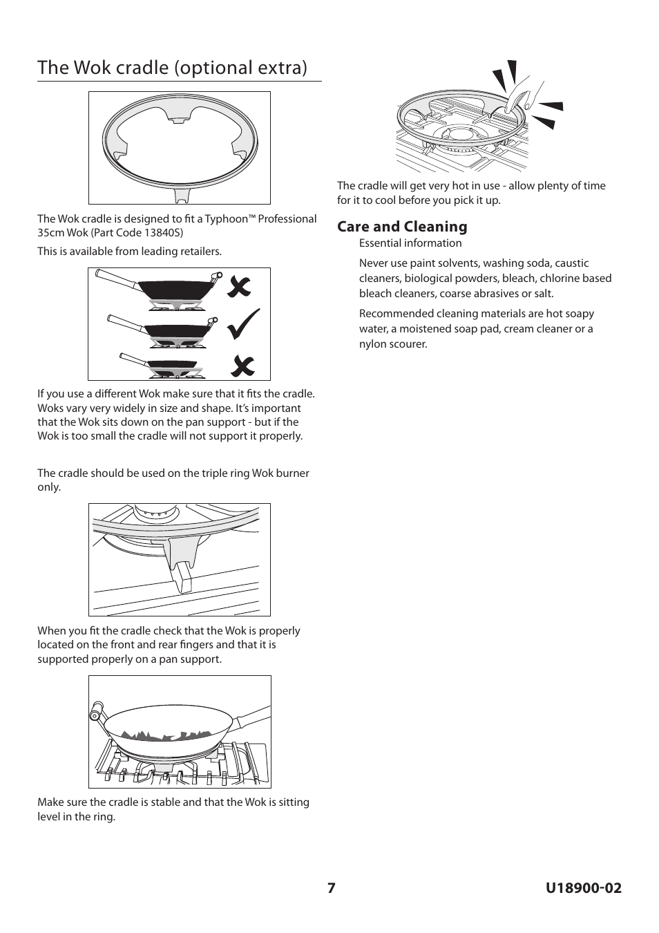 The wok cradle (optional extra), Care and cleaning | Rangemaster Toledo FS Hob User Manual | Page 7 / 24