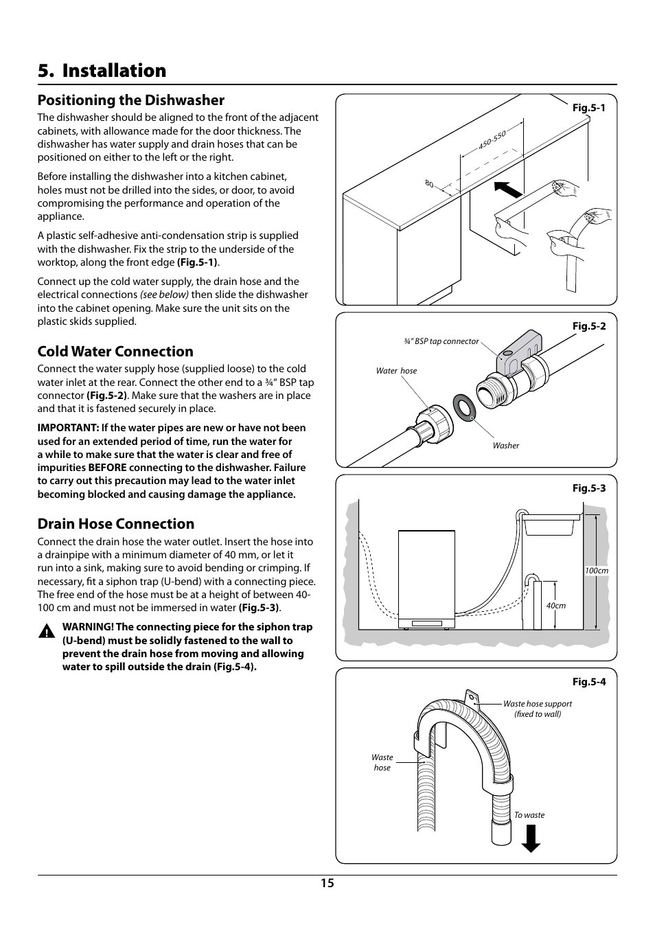 Installation, Positioning the dishwasher, Cold water connection | Drain hose connection | Rangemaster RDW945FI User Manual | Page 17 / 24