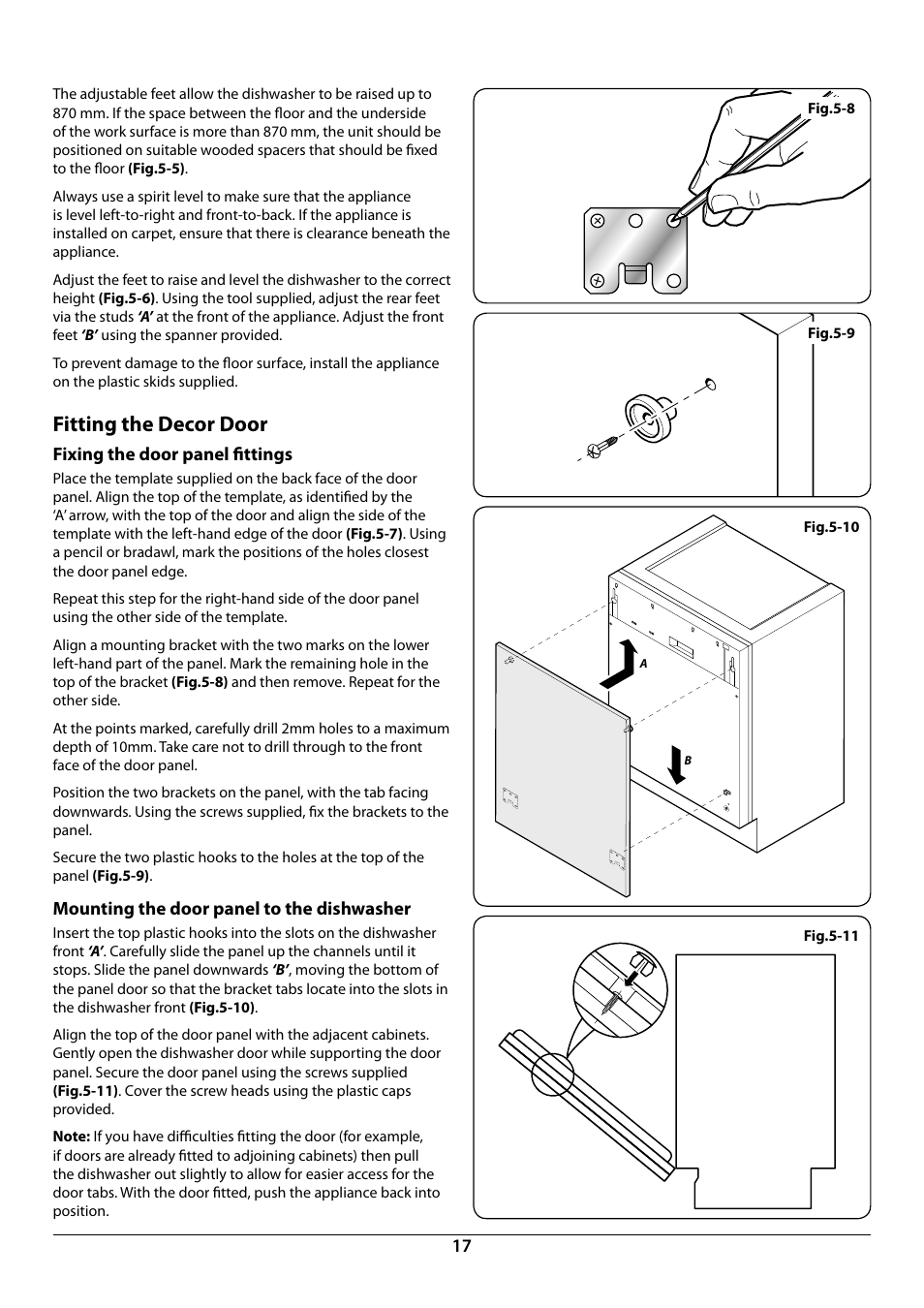 Fitting the decor door, Fixing the door panel ﬁttings, Mounting the door panel to the dishwasher | Rangemaster RDW945FI User Manual | Page 19 / 24