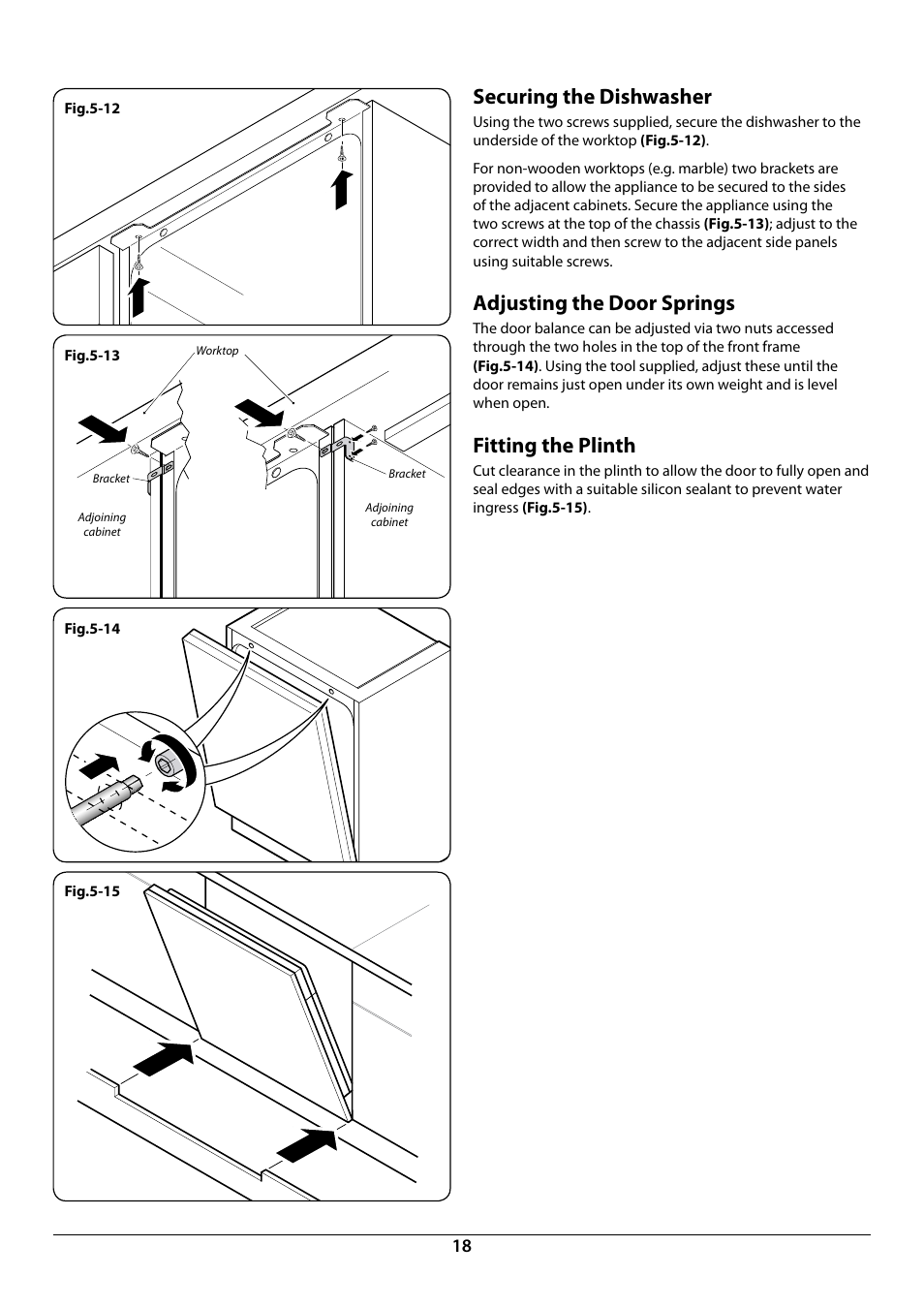 Securing the dishwasher, Adjusting the door springs, Fitting the plinth | Rangemaster RDW945FI User Manual | Page 20 / 24