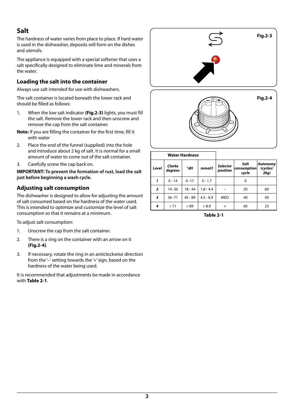 Salt, Loading the salt into the container, Adjusting salt consumption | Rangemaster RDW945FI User Manual | Page 5 / 24