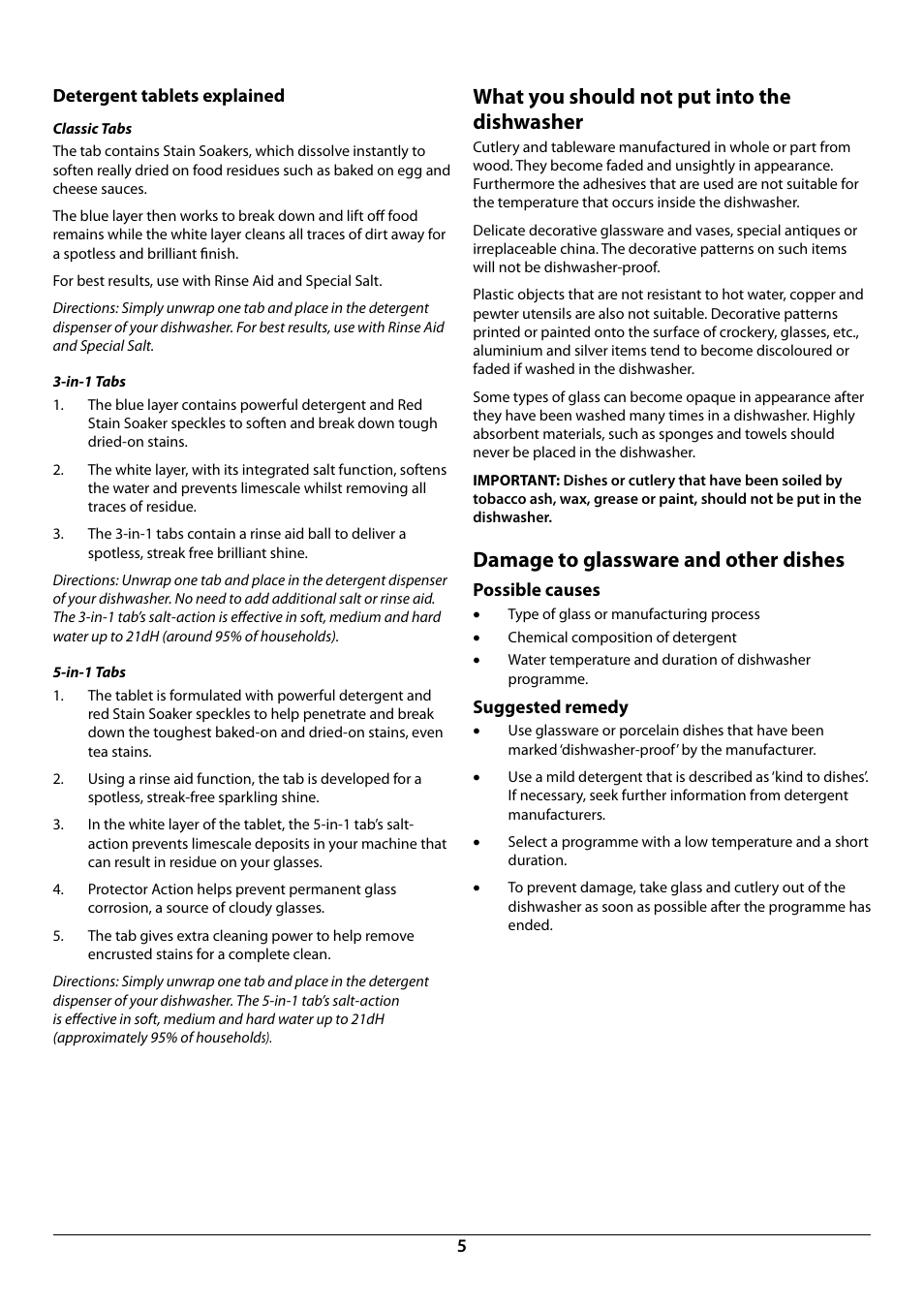 What you should not put into the dishwasher, Damage to glassware and other dishes | Rangemaster RDW945FI User Manual | Page 7 / 24