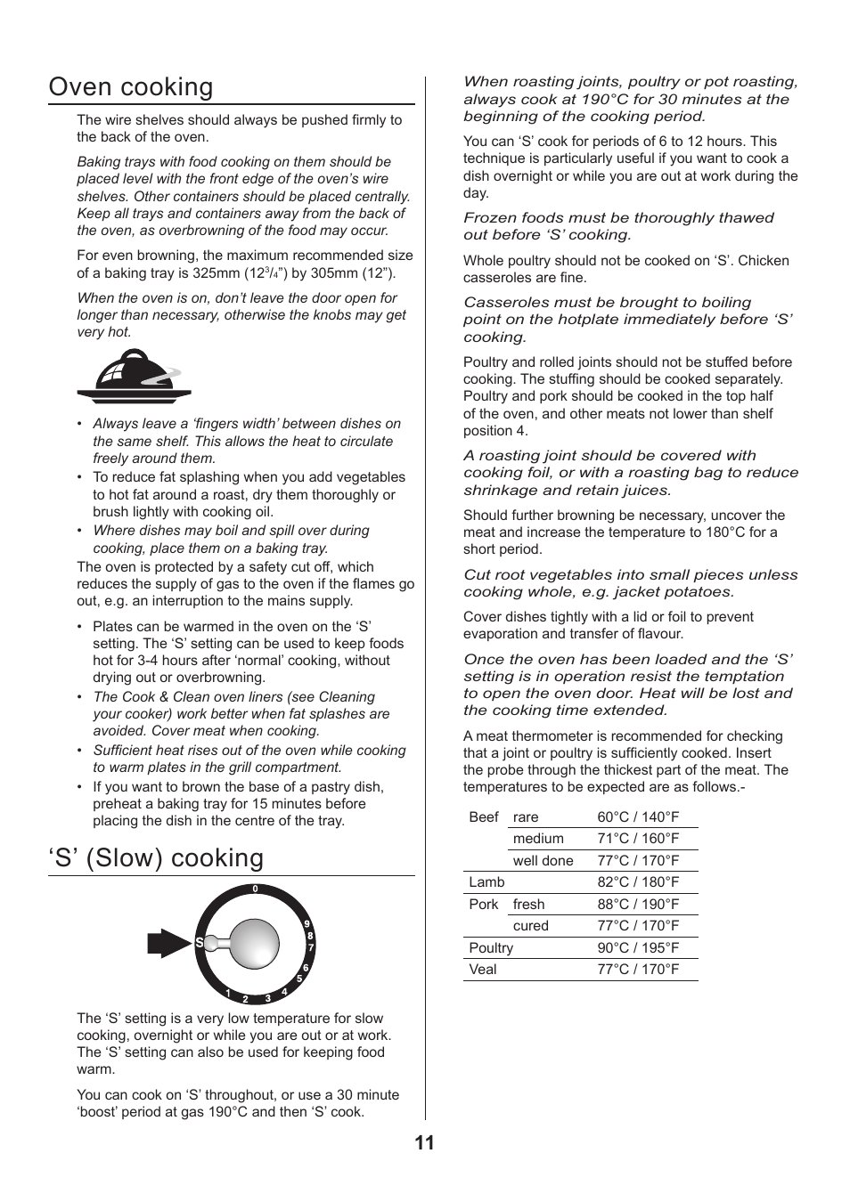 Oven cooking, S’ (slow) cooking | Rangemaster CLASSIC 110 GAS FSD User Manual | Page 11 / 28