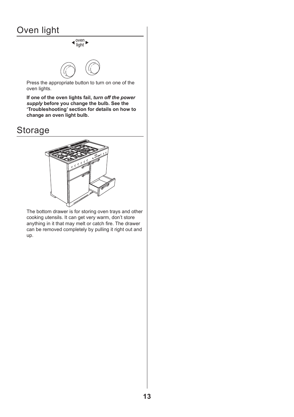 Oven light, Storage | Rangemaster CLASSIC 110 GAS FSD User Manual | Page 13 / 28