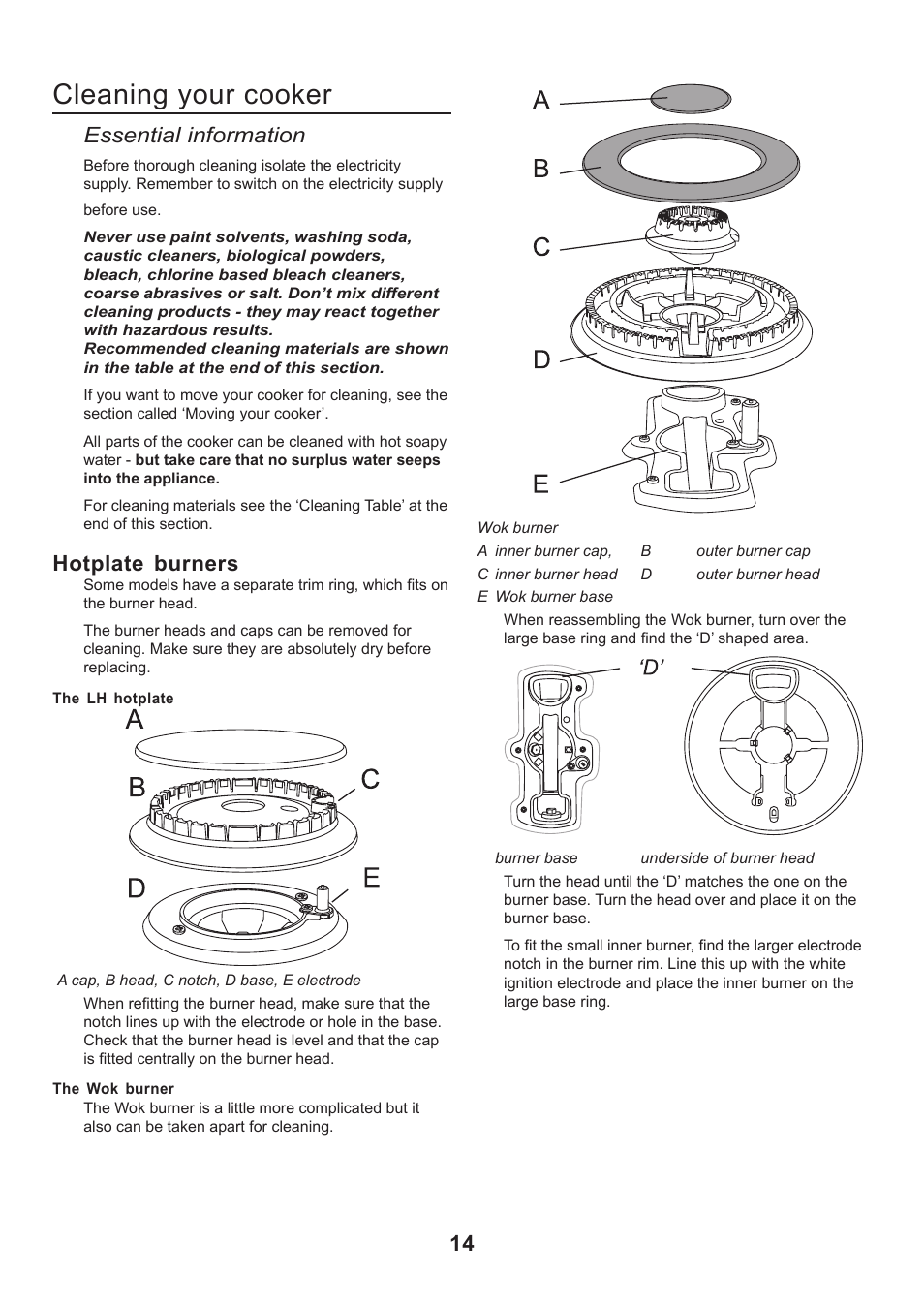 Cleaning your cooker, Essential information, Hotplate burners | Rangemaster CLASSIC 110 GAS FSD User Manual | Page 14 / 28