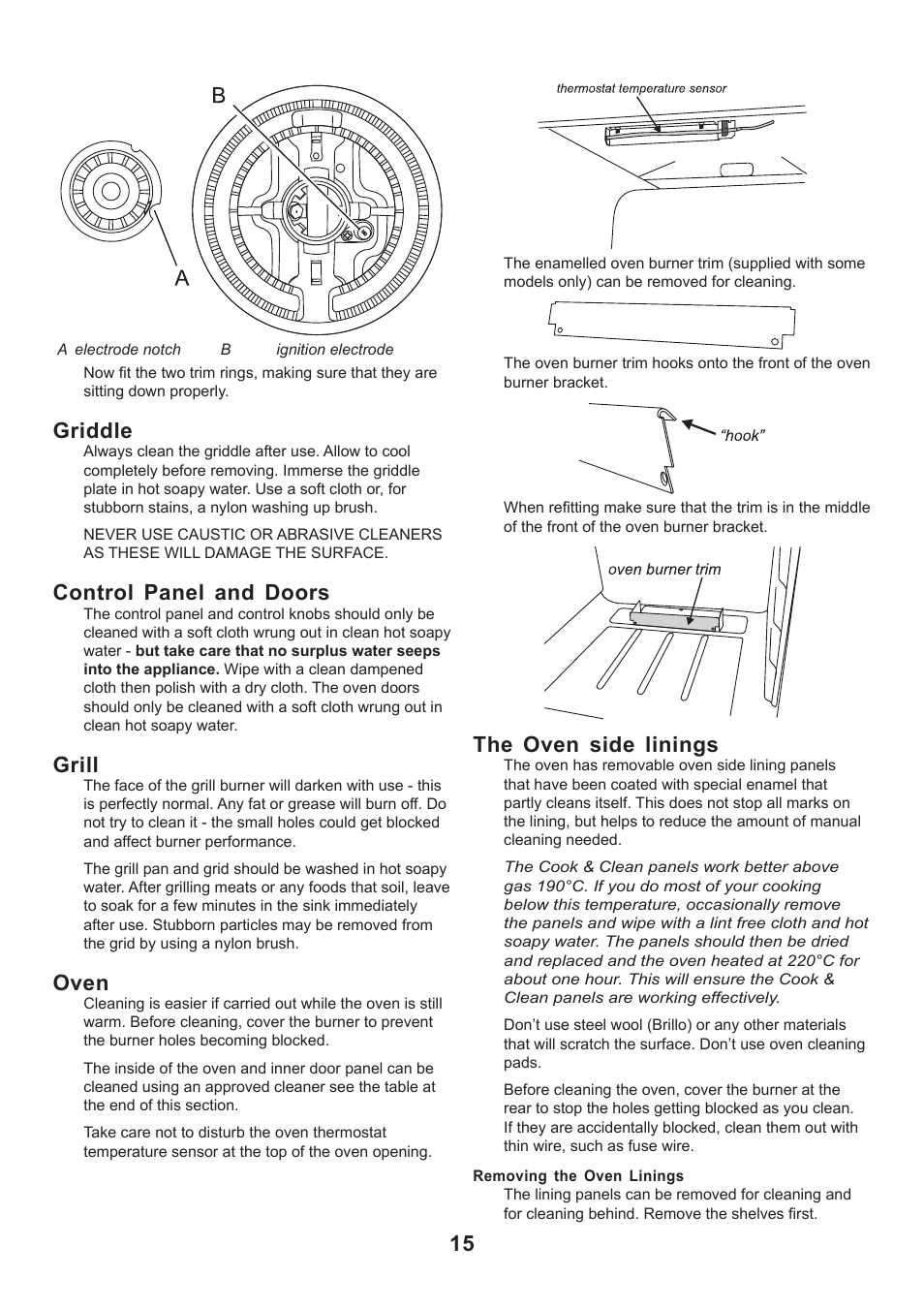 Griddle, Control panel and doors, Grill | Oven, The oven side linings | Rangemaster CLASSIC 110 GAS FSD User Manual | Page 15 / 28