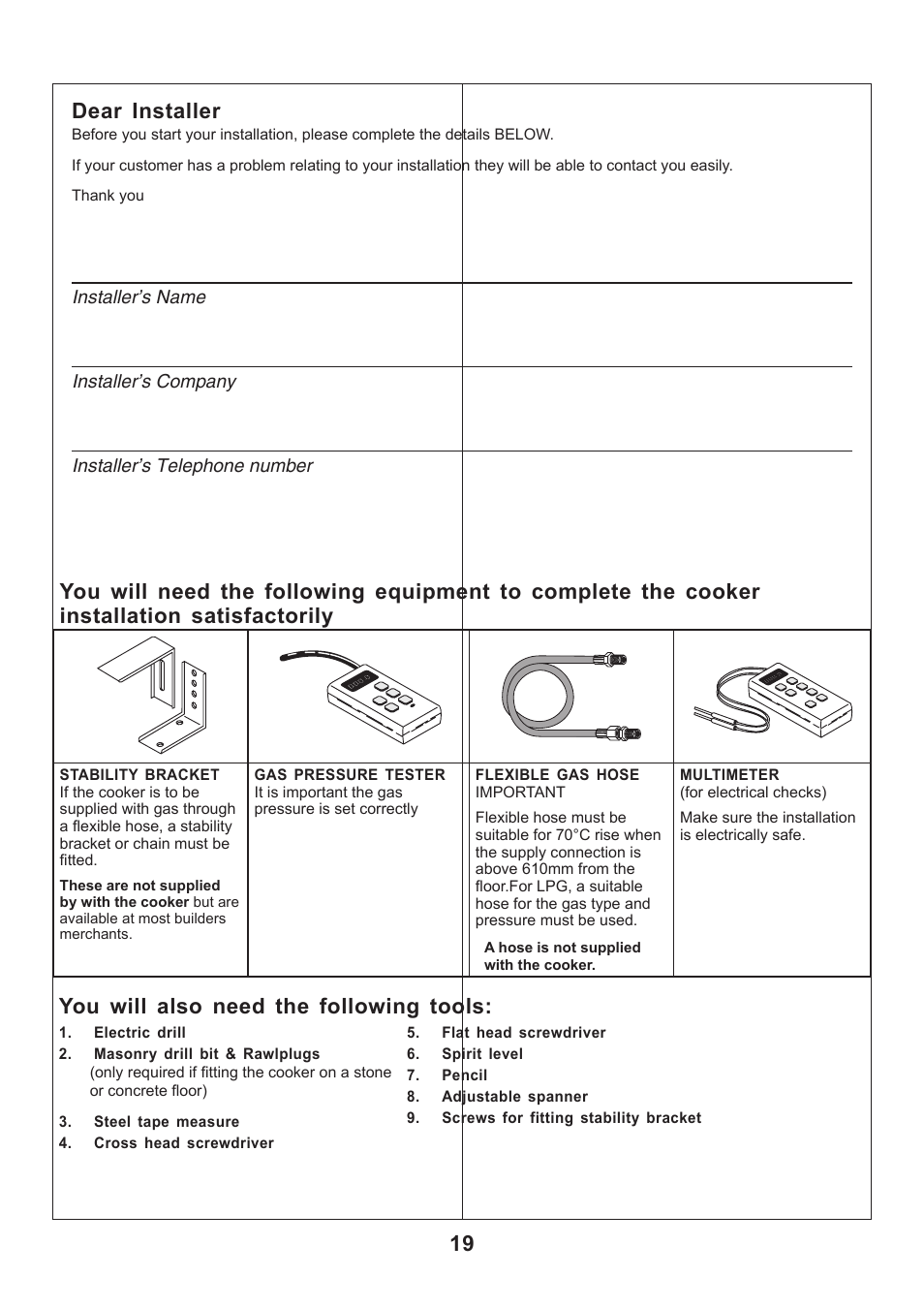 19 dear installer, You will also need the following tools | Rangemaster CLASSIC 110 GAS FSD User Manual | Page 19 / 28