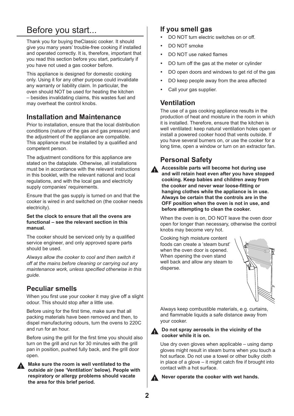 Before you start, Installation and maintenance, Peculiar smells | If you smell gas, Ventilation, Personal safety | Rangemaster CLASSIC 110 GAS FSD User Manual | Page 2 / 28