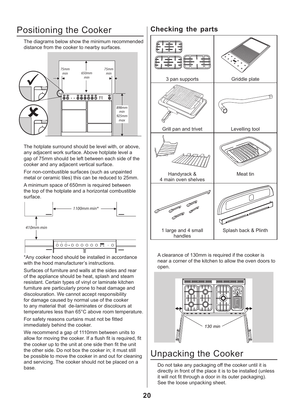 Positioning the cooker, Unpacking the cooker, Checking the parts | Rangemaster CLASSIC 110 GAS FSD User Manual | Page 20 / 28
