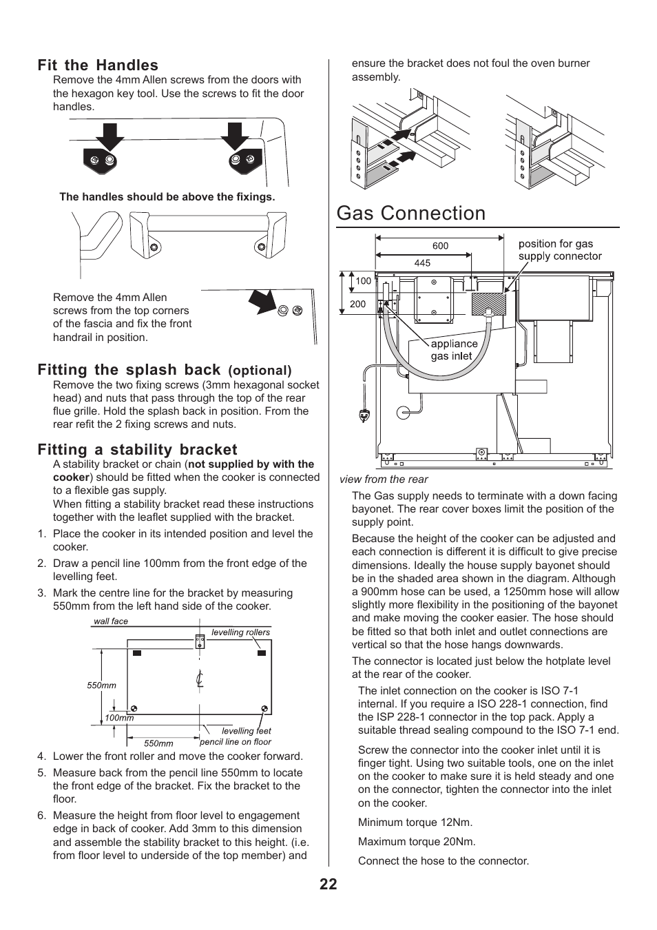 Gas connection, 22 fit the handles, Fitting the splash back | Fitting a stability bracket | Rangemaster CLASSIC 110 GAS FSD User Manual | Page 22 / 28