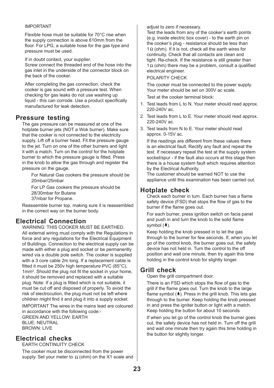 Pressure testing, Electrical connection, Electrical checks | Hotplate check, Grill check | Rangemaster CLASSIC 110 GAS FSD User Manual | Page 23 / 28