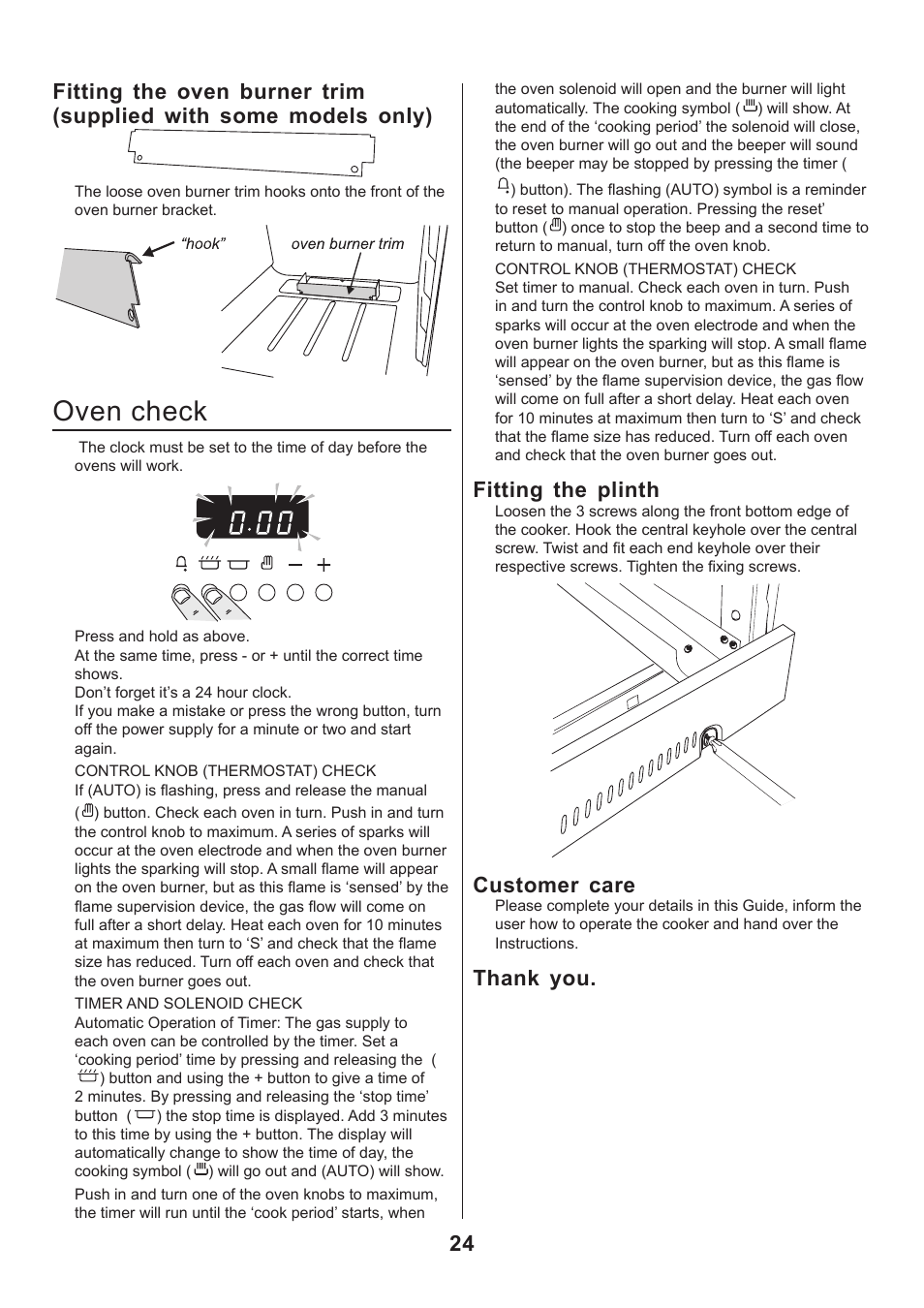 Oven check, Fitting the plinth, Customer care | Rangemaster CLASSIC 110 GAS FSD User Manual | Page 24 / 28