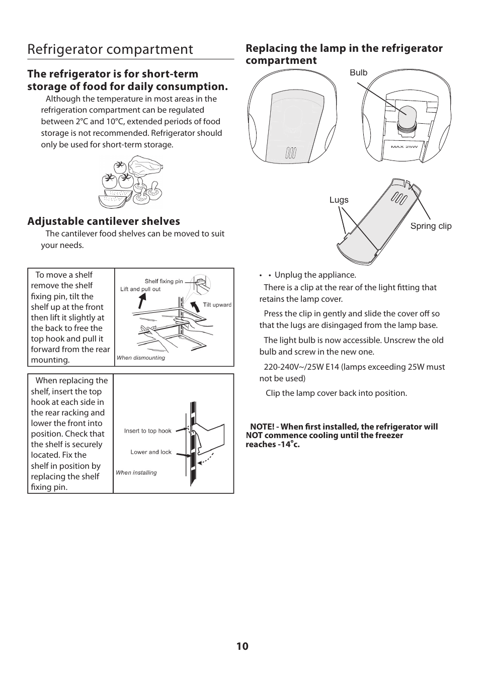 Refrigerator compartment, Adjustable cantilever shelves, Replacing the lamp in the refrigerator compartment | Rangemaster U109100 - 02 User Manual | Page 10 / 24