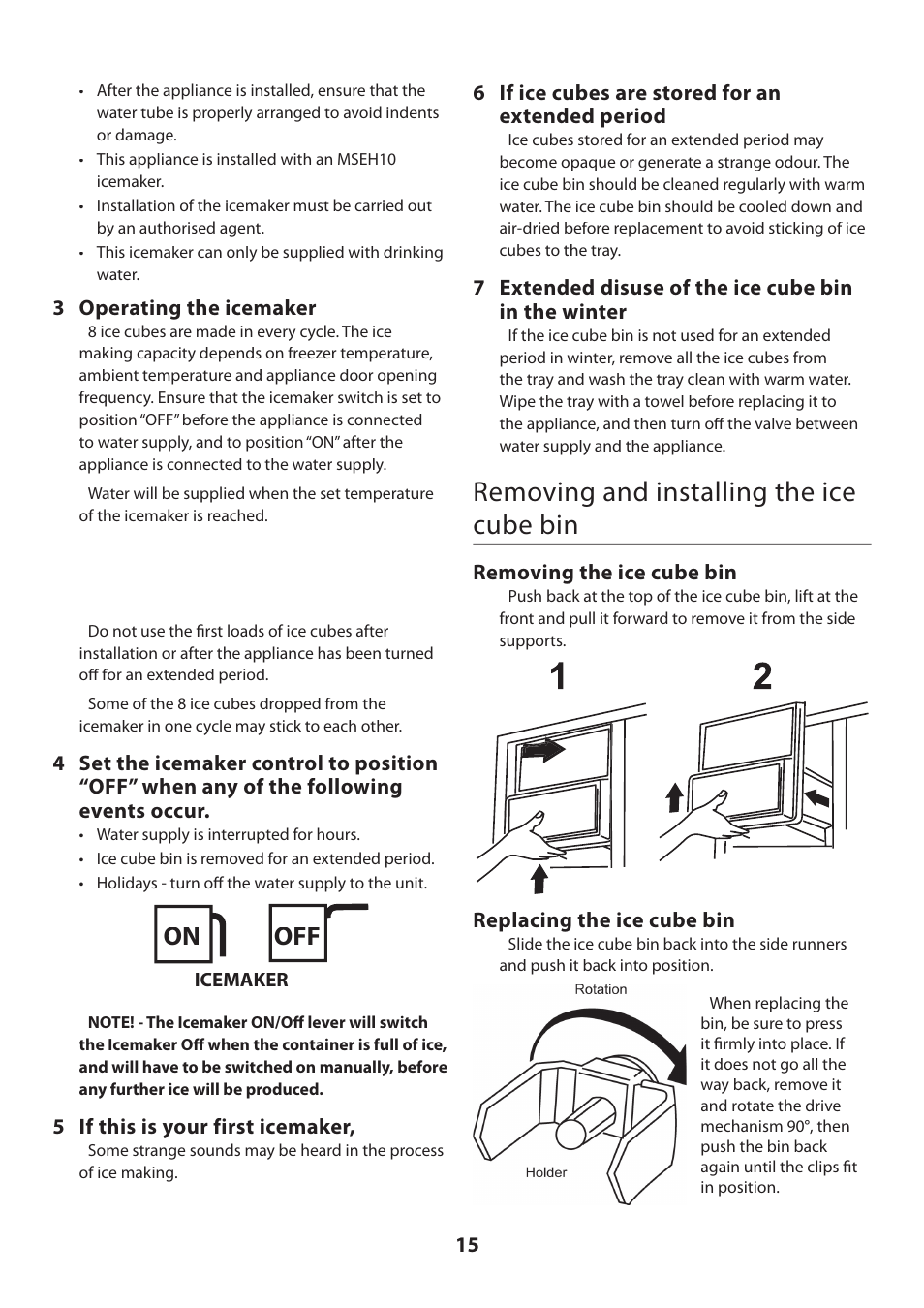 Removing and installing the ice cube bin, On off | Rangemaster U109100 - 02 User Manual | Page 15 / 24