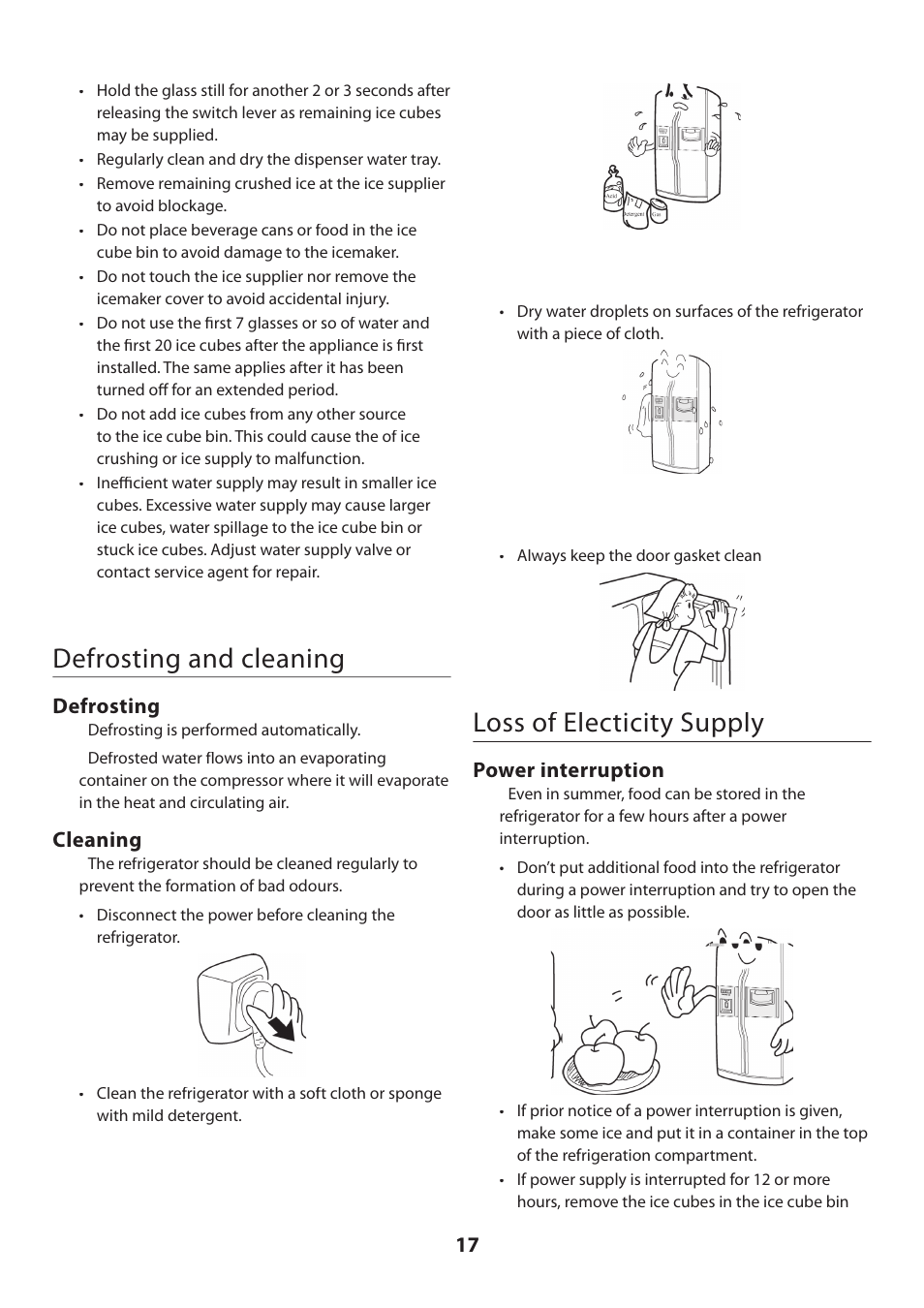 Defrosting and cleaning, Loss of electicity supply, Defrosting | Cleaning, Power interruption | Rangemaster U109100 - 02 User Manual | Page 17 / 24