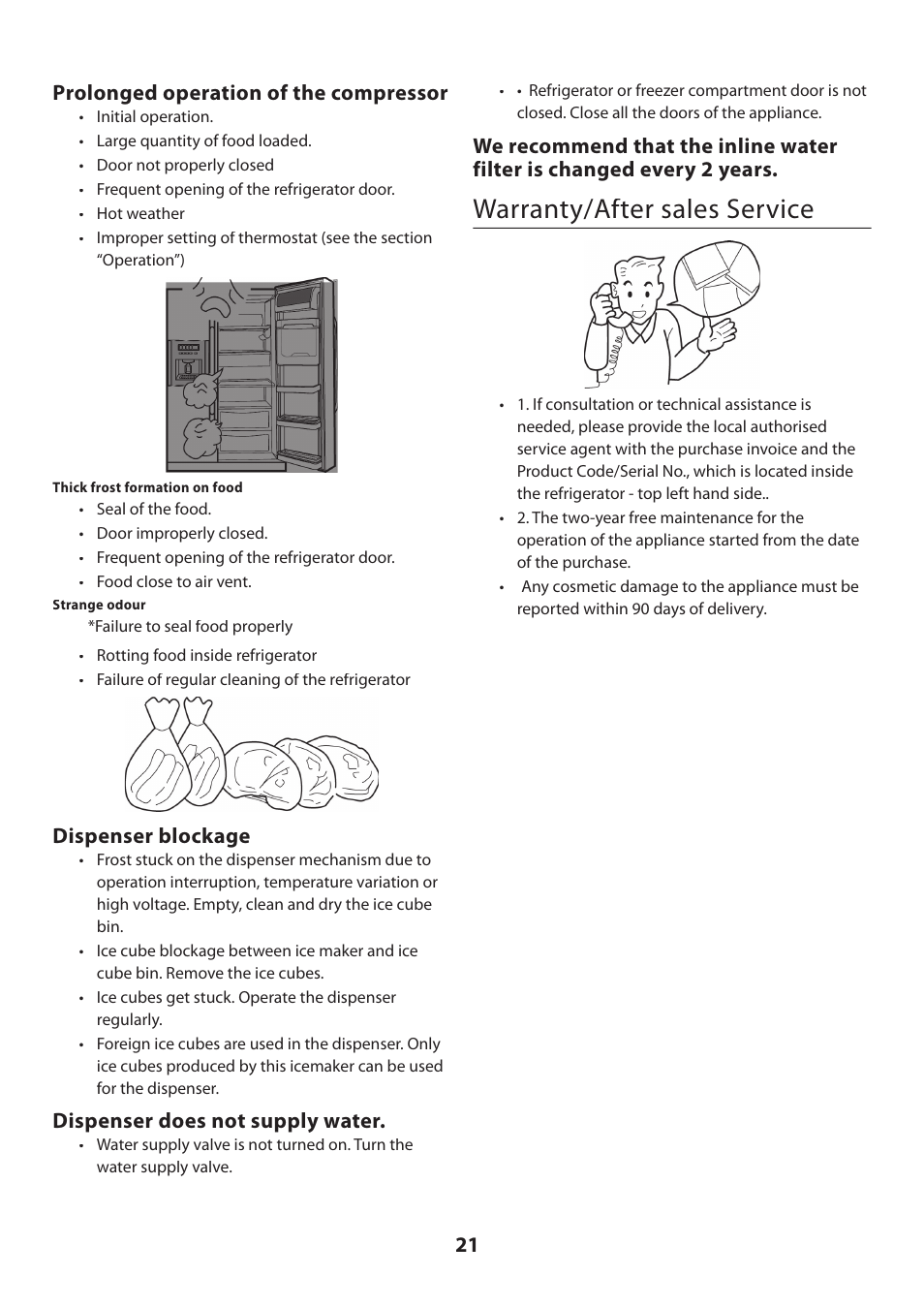 After-sales service, Warranty, Warranty/after sales service | 21 prolonged operation of the compressor, Dispenser blockage, Dispenser does not supply water | Rangemaster U109100 - 02 User Manual | Page 21 / 24