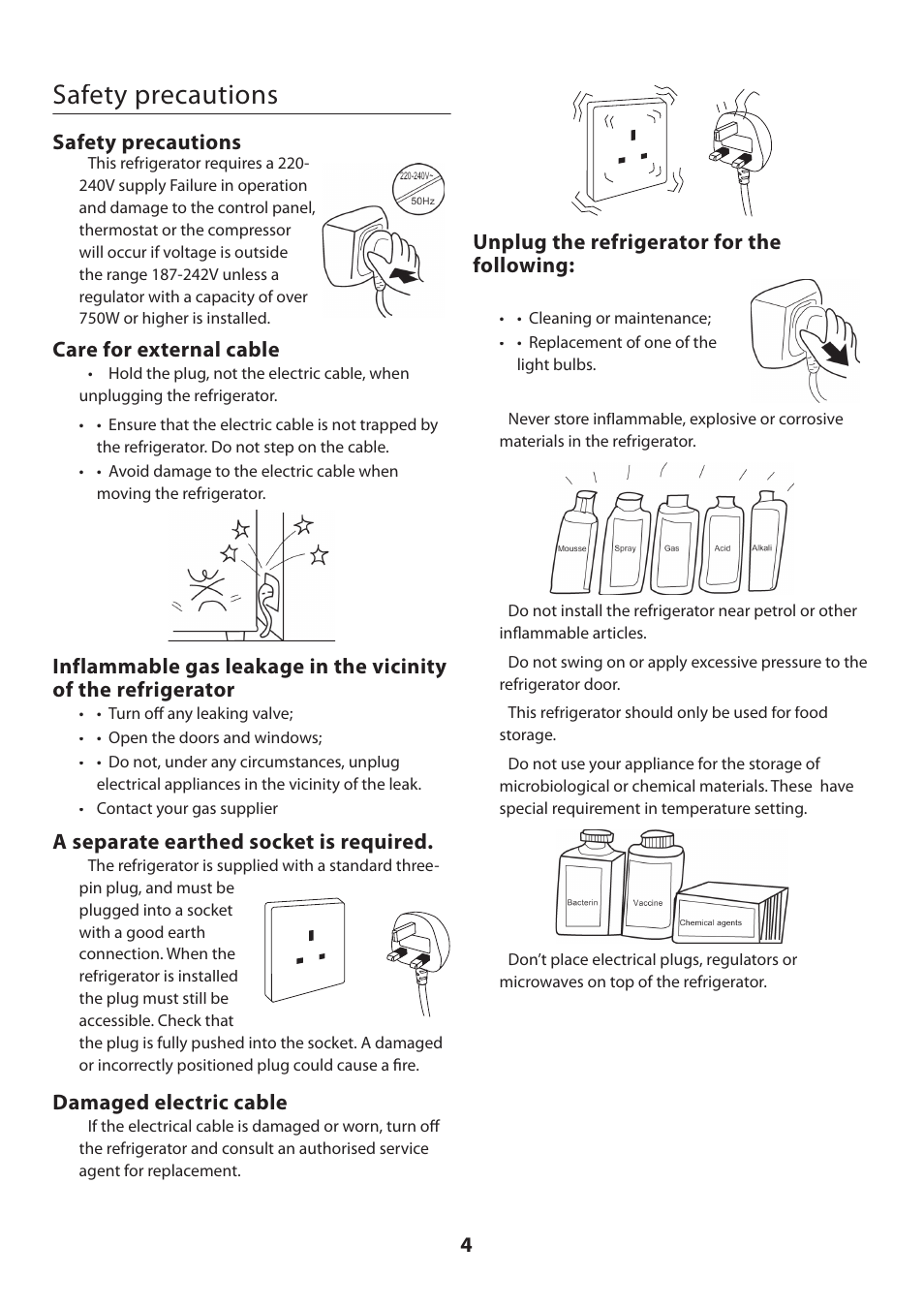 Safety precautions, Care for external cable, A separate earthed socket is required | Damaged electric cable, Unplug the refrigerator for the following | Rangemaster U109100 - 02 User Manual | Page 4 / 24