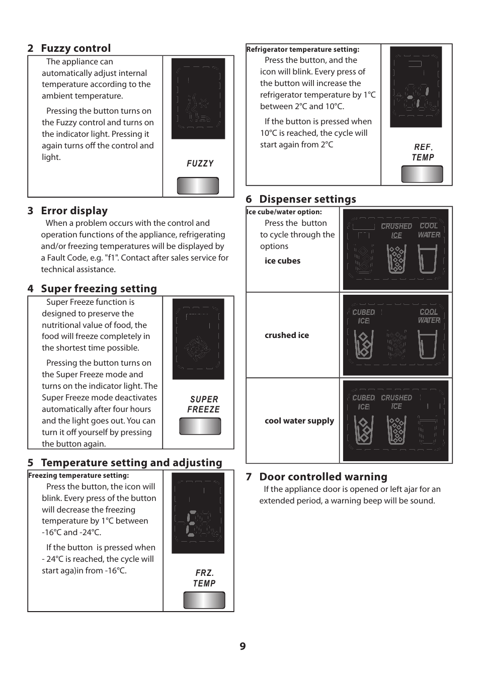 92 fuzzy control, 3 error display, 4 super freezing setting | 5 temperature setting and adjusting, 6 dispenser settings, 7 door controlled warning | Rangemaster U109100 - 02 User Manual | Page 9 / 24