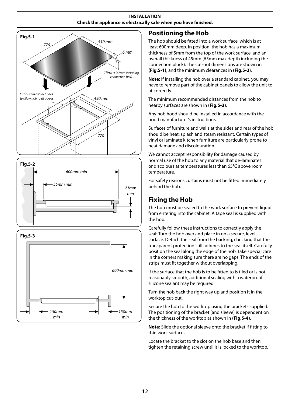 Positioning the hob, Fixing the hob | Rangemaster RC77 User Manual | Page 14 / 20