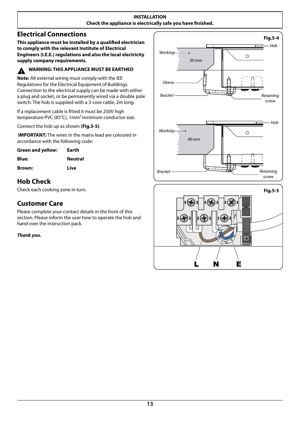 Ln e, Electrical connections, Hob check | Customer care | Rangemaster RC77 User Manual | Page 15 / 20