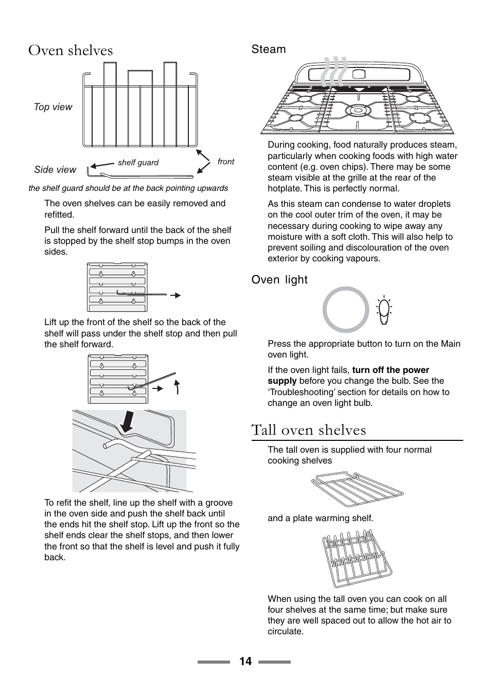 Oven shelves, Tall oven shelves, Steam | Oven light | Rangemaster 90 User Manual | Page 14 / 40