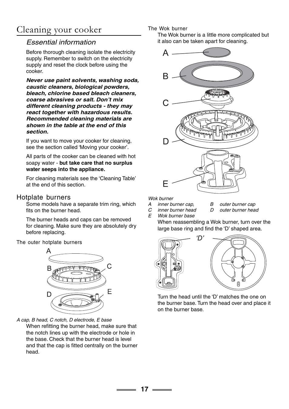 Cleaning your cooker, Essential information, Hotplate burners | Rangemaster 90 User Manual | Page 17 / 40