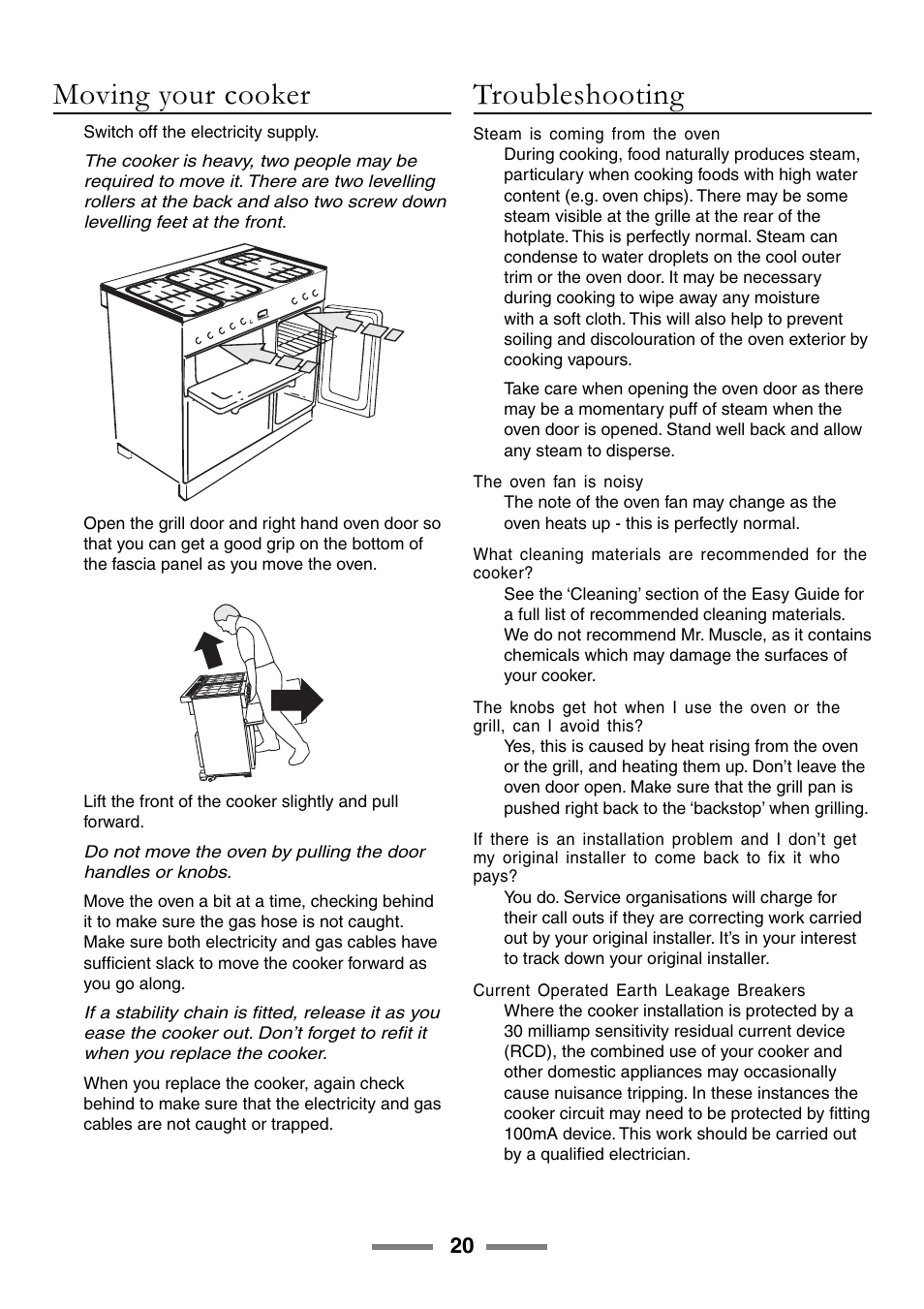 Moving your cooker, Troubleshooting | Rangemaster 90 User Manual | Page 20 / 40