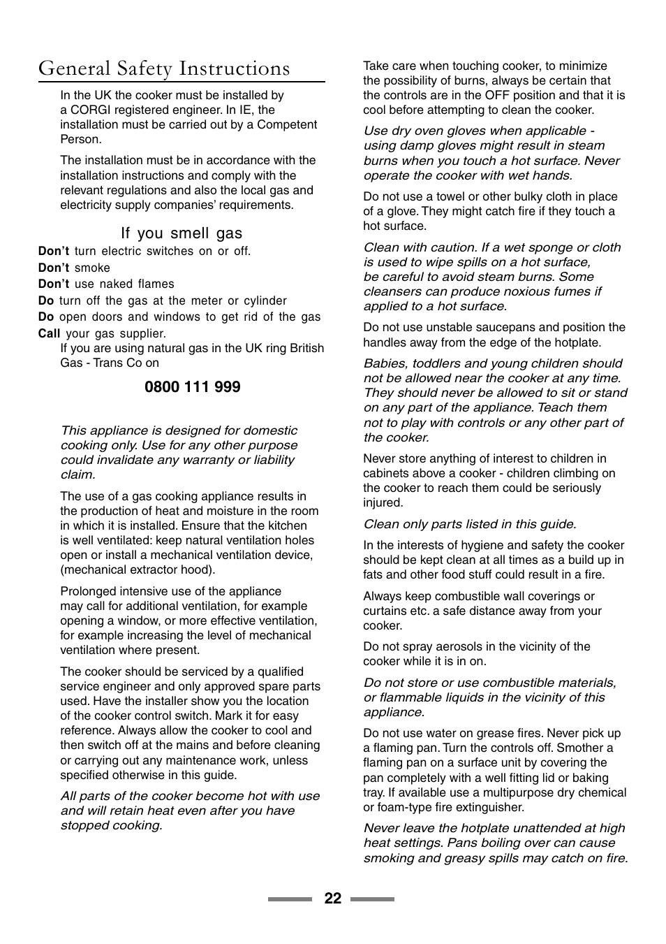 General safety instructions, If you smell gas | Rangemaster 90 User Manual | Page 22 / 40