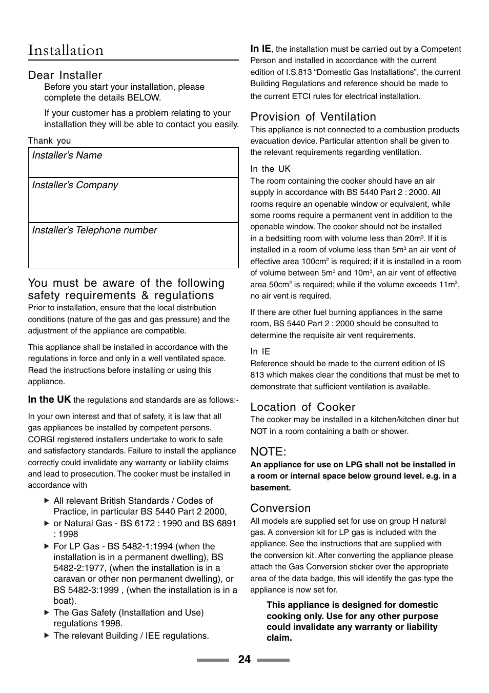 Installation, Dear installer, Provision of ventilation | Location of cooker, Conversion | Rangemaster 90 User Manual | Page 24 / 40