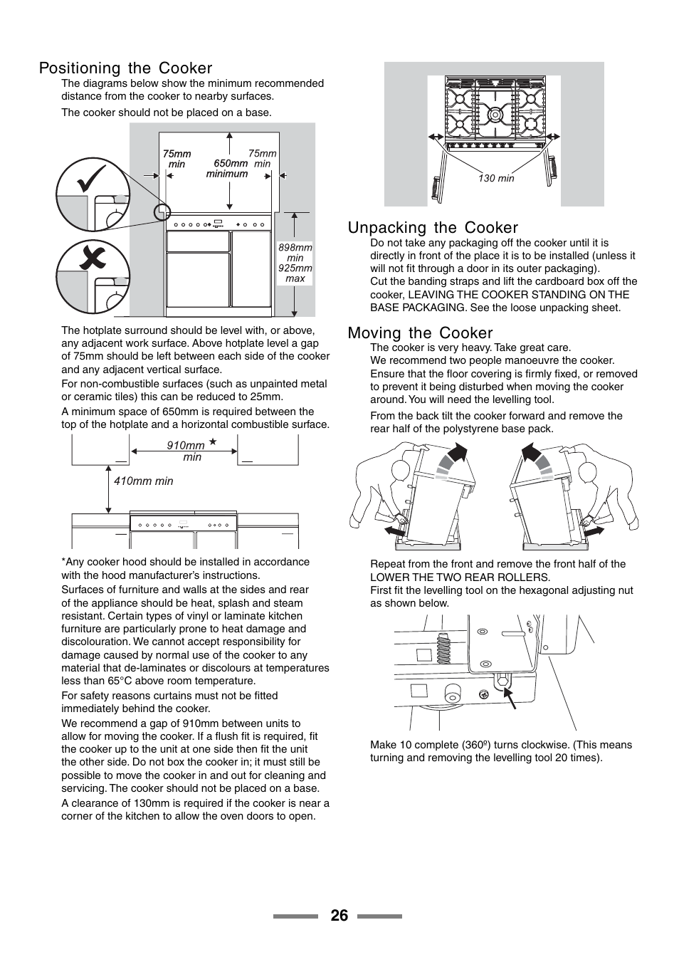 26 positioning the cooker, Unpacking the cooker, Moving the cooker | Rangemaster 90 User Manual | Page 26 / 40