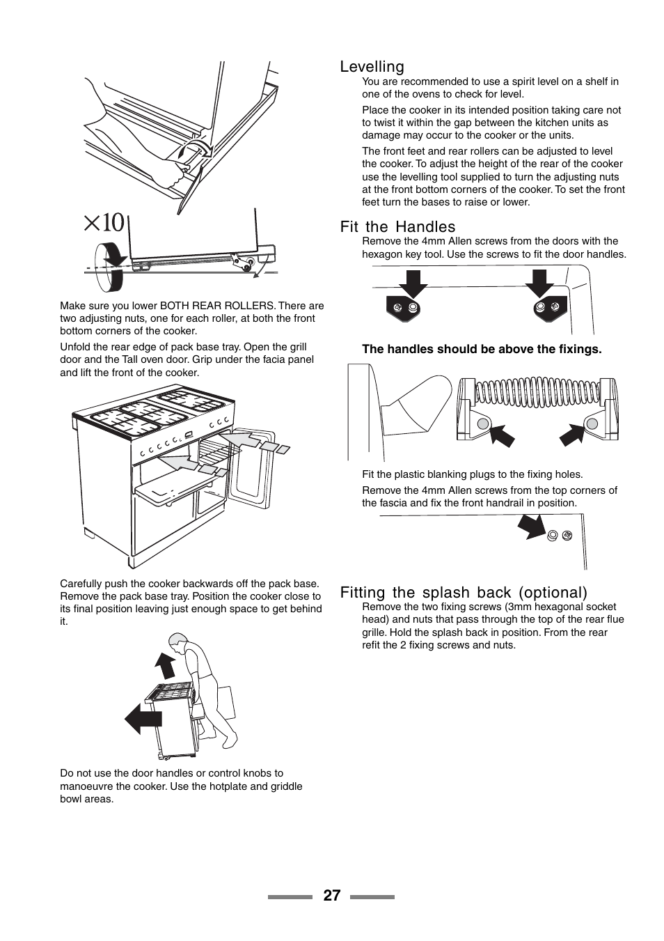 Levelling, Fit the handles, Fitting the splash back (optional) | Rangemaster 90 User Manual | Page 27 / 40