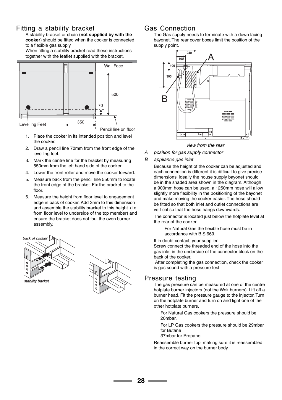 28 fitting a stability bracket, Gas connection, Pressure testing | Rangemaster 90 User Manual | Page 28 / 40