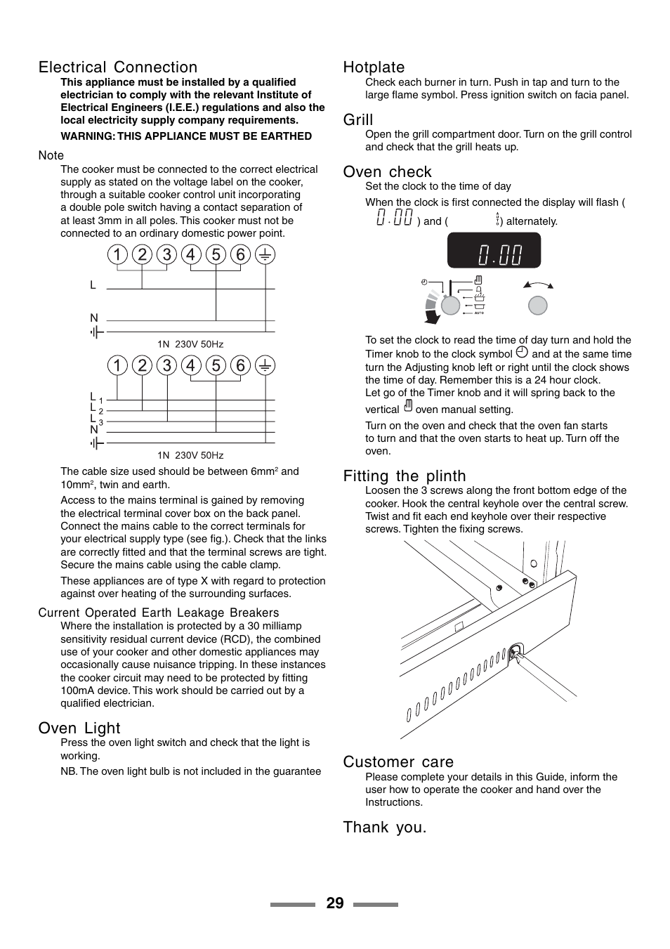 29 electrical connection, Oven light, Hotplate | Grill, Oven check, Fitting the plinth, Customer care | Rangemaster 90 User Manual | Page 29 / 40