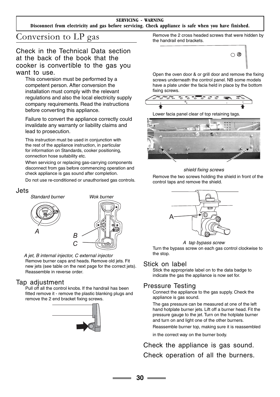 Conversion to lp gas, Jets, Tap adjustment | Stick on label, Pressure testing | Rangemaster 90 User Manual | Page 30 / 40