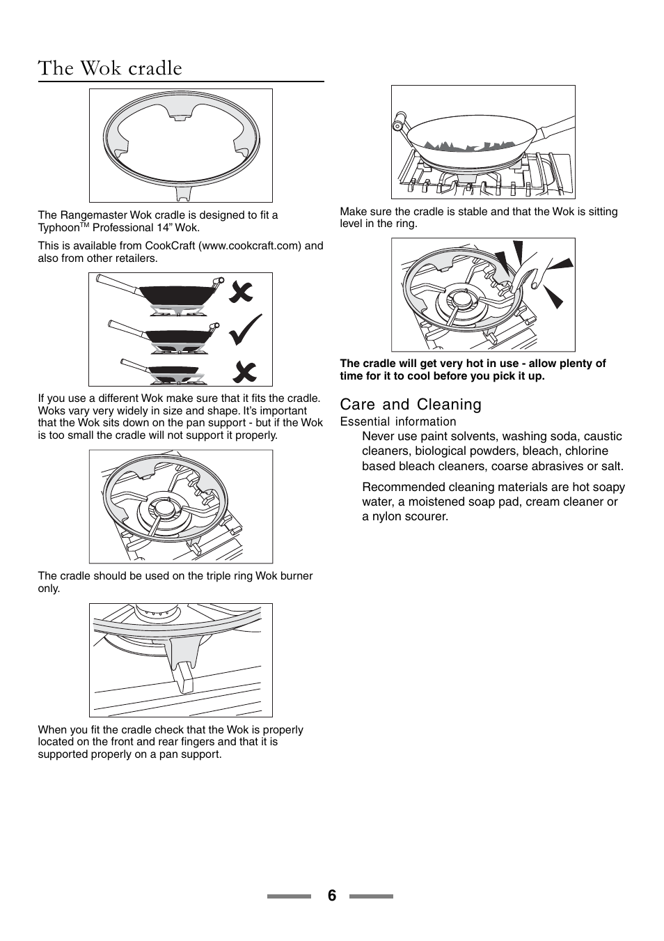 The wok cradle, Care and cleaning | Rangemaster 90 User Manual | Page 6 / 40