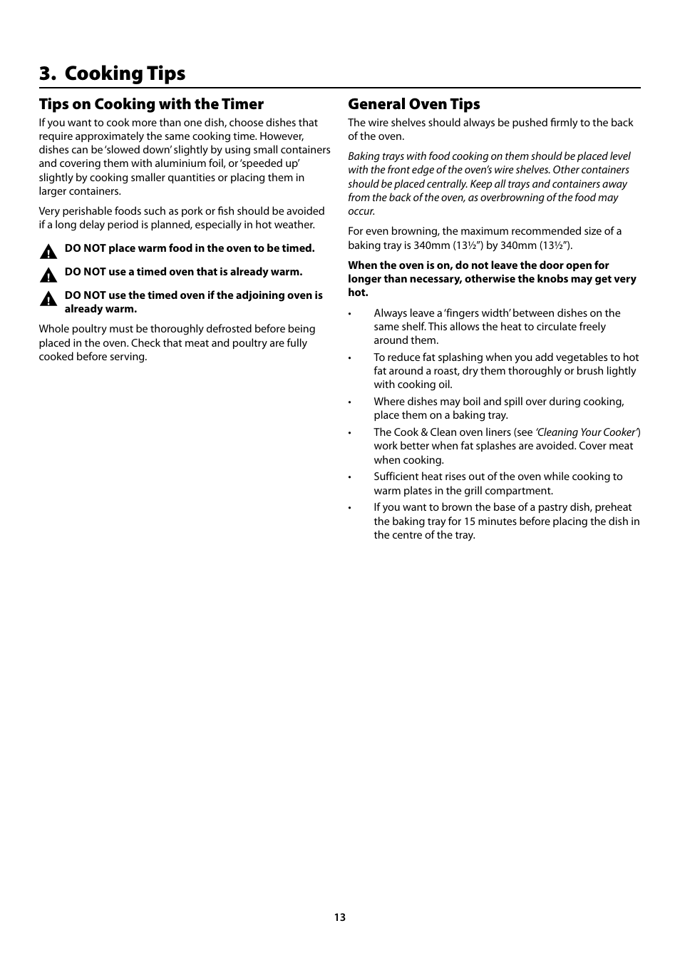 Cooking tips, Tips on cooking with the timer, General oven tips | Rangemaster Elan 90 Induction Cooker U109987 - 01 User Manual | Page 15 / 36