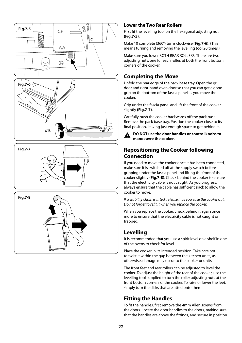 Completing the move, Repositioning the cooker following connection, Levelling | Fitting the handles | Rangemaster Elan 90 Induction Cooker U109987 - 01 User Manual | Page 24 / 36