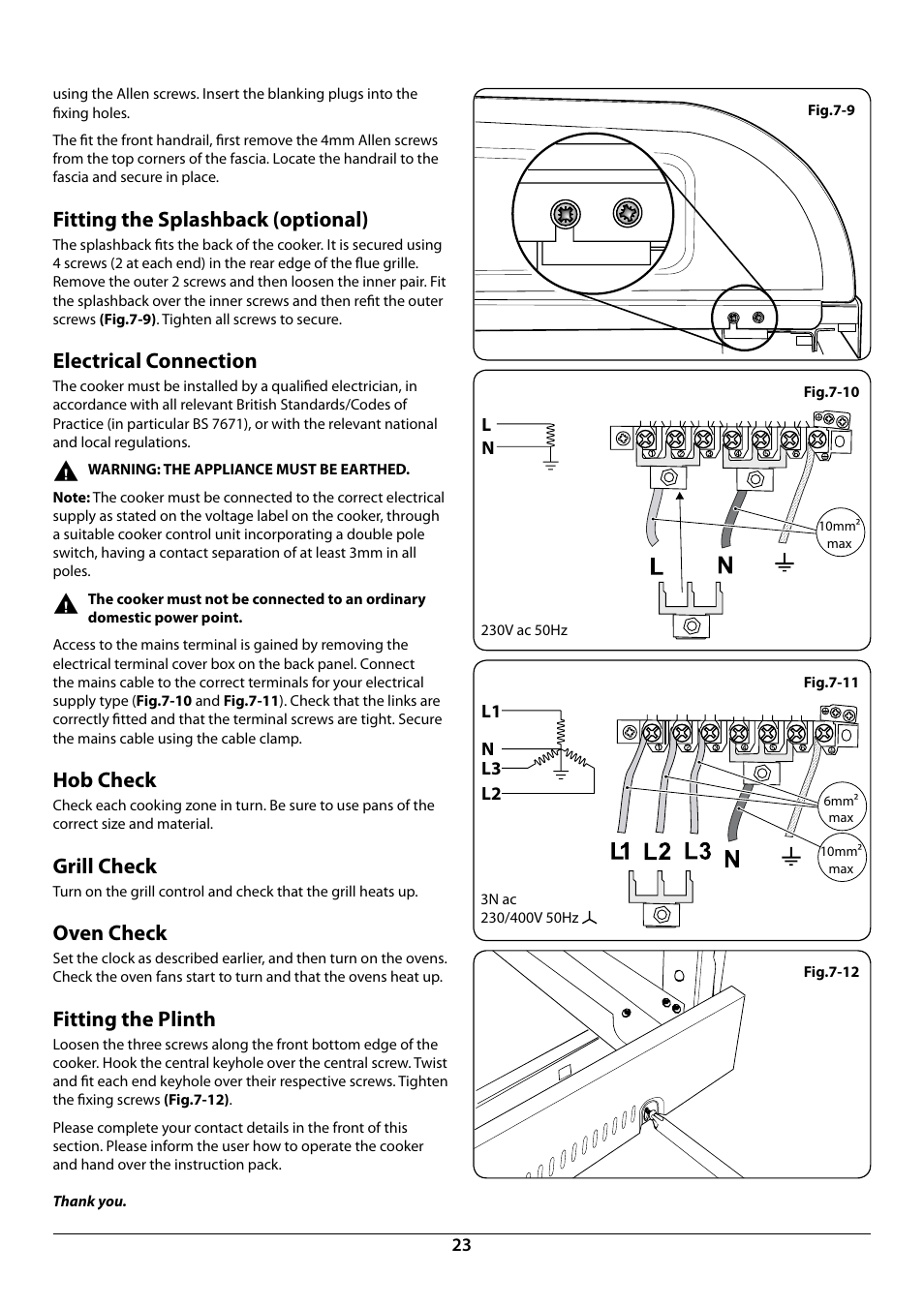 Fitting the splashback (optional), Electrical connection, Hob check | Grill check, Oven check, Fitting the plinth | Rangemaster Elan 90 Induction Cooker U109987 - 01 User Manual | Page 25 / 36