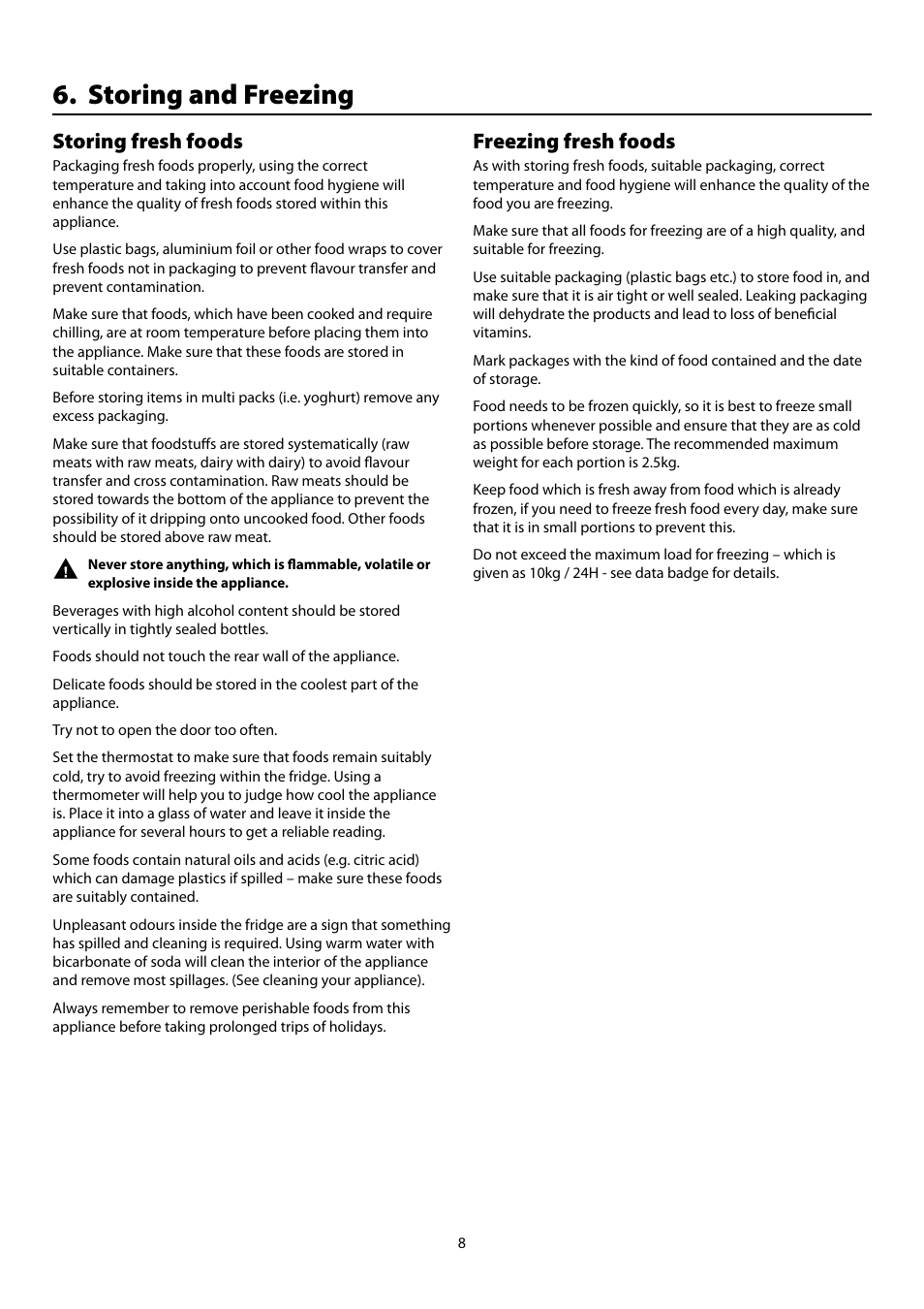 Storing and freezing, Storing fresh foods, Freezing fresh foods | Rangemaster Refrigeration SxS 661 User Manual | Page 10 / 20