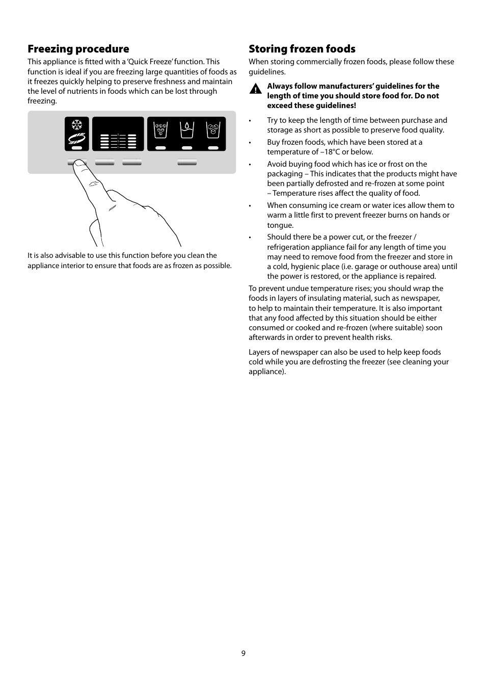 Freezing procedure, Storing frozen foods | Rangemaster Refrigeration SxS 661 User Manual | Page 11 / 20