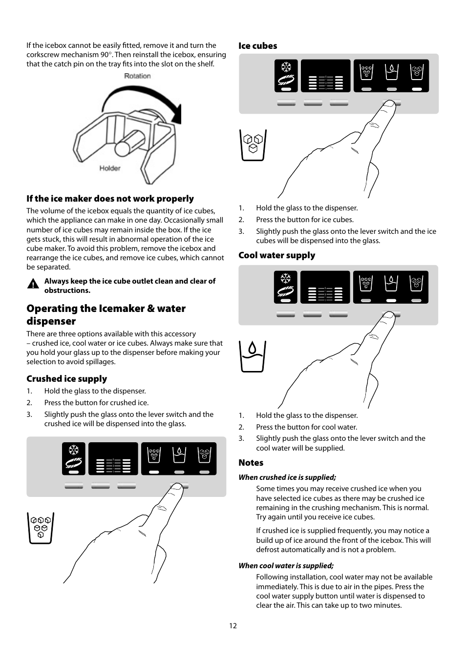 Operating the icemaker & water dispenser, If the ice maker does not work properly, Crushed ice supply | Ice cubes, Cool water supply | Rangemaster Refrigeration SxS 661 User Manual | Page 14 / 20
