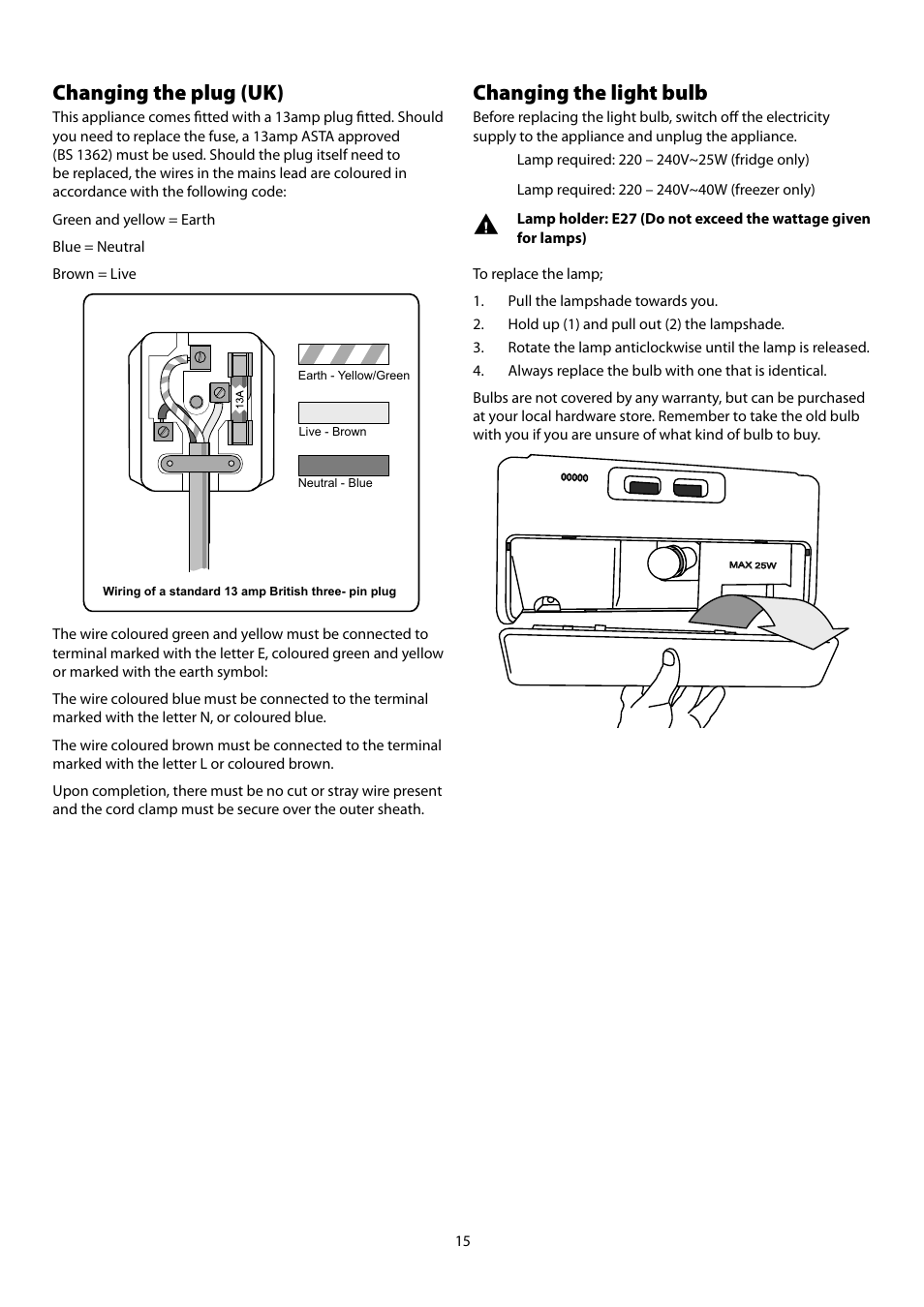 Changing the plug (uk), Changing the light bulb | Rangemaster Refrigeration SxS 661 User Manual | Page 17 / 20