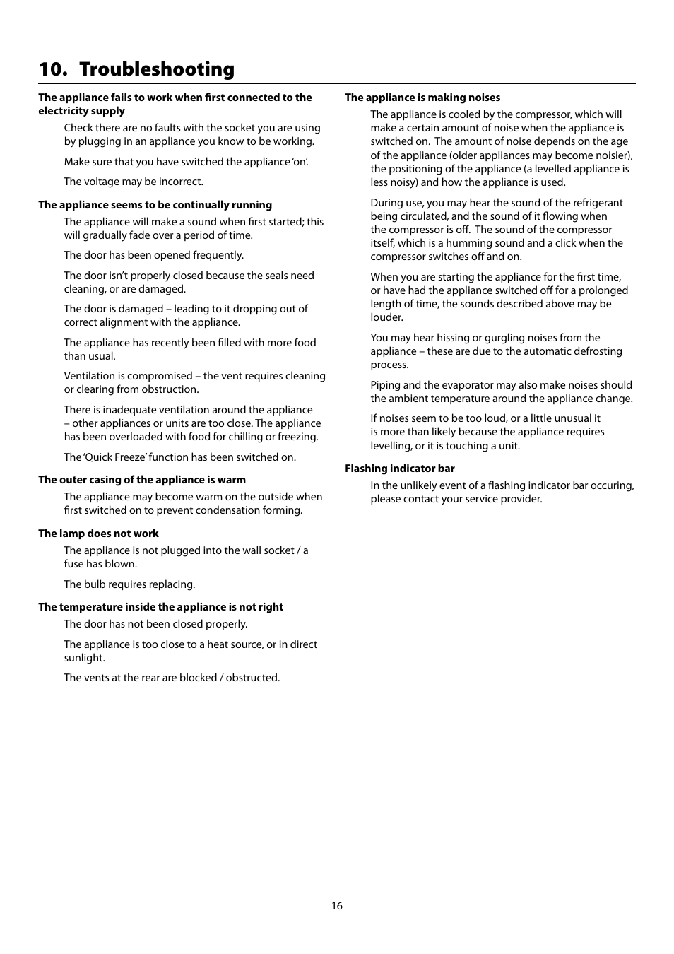 Troubleshooting | Rangemaster Refrigeration SxS 661 User Manual | Page 18 / 20